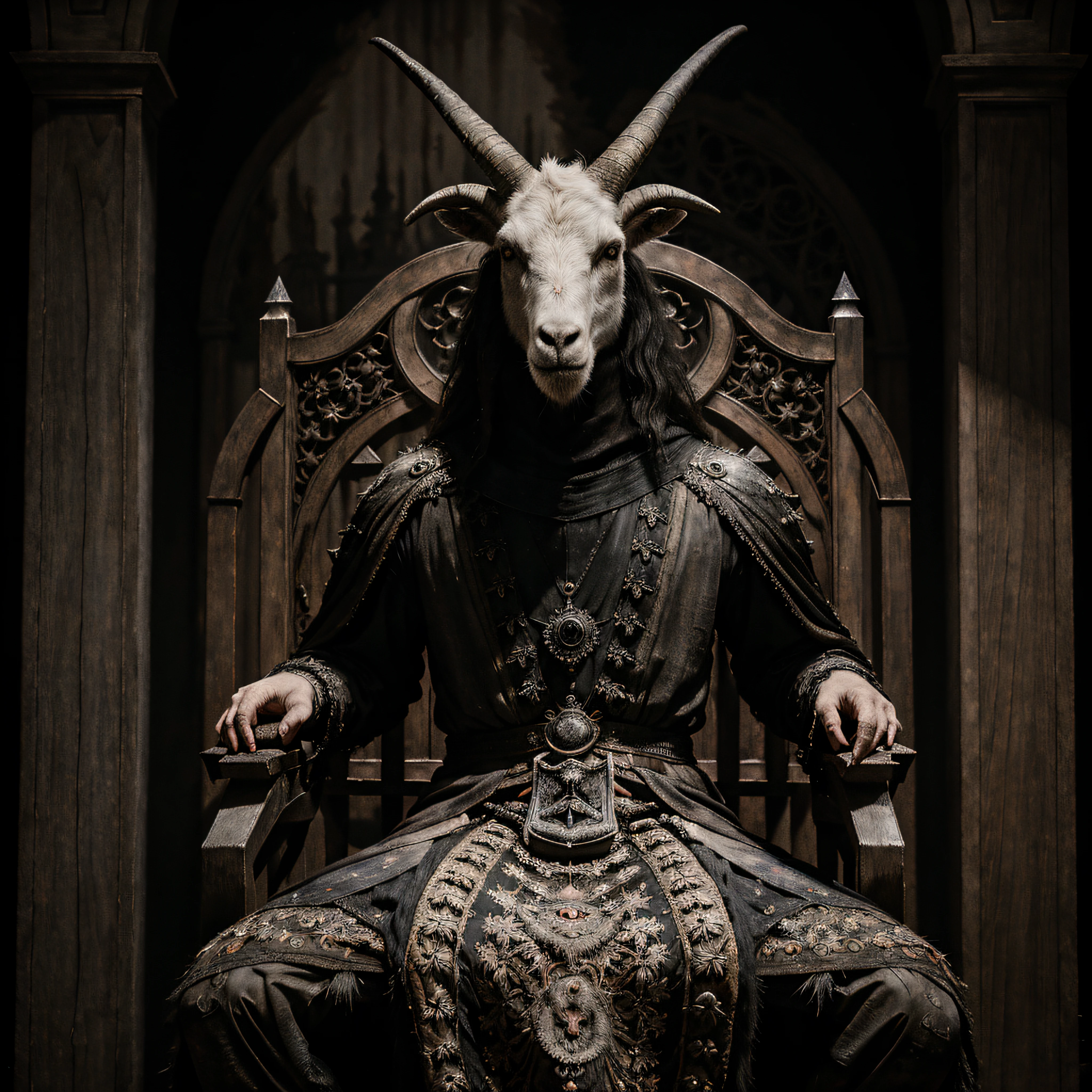 (black metal album cover) a painting of a goat head sitting on a throne, intricate details, hdr, intricate details, hyperdetailed, cinematic, dark shot, muted colors, film grainy, soothing tones, muted colors, technicolor, by vergvoktre