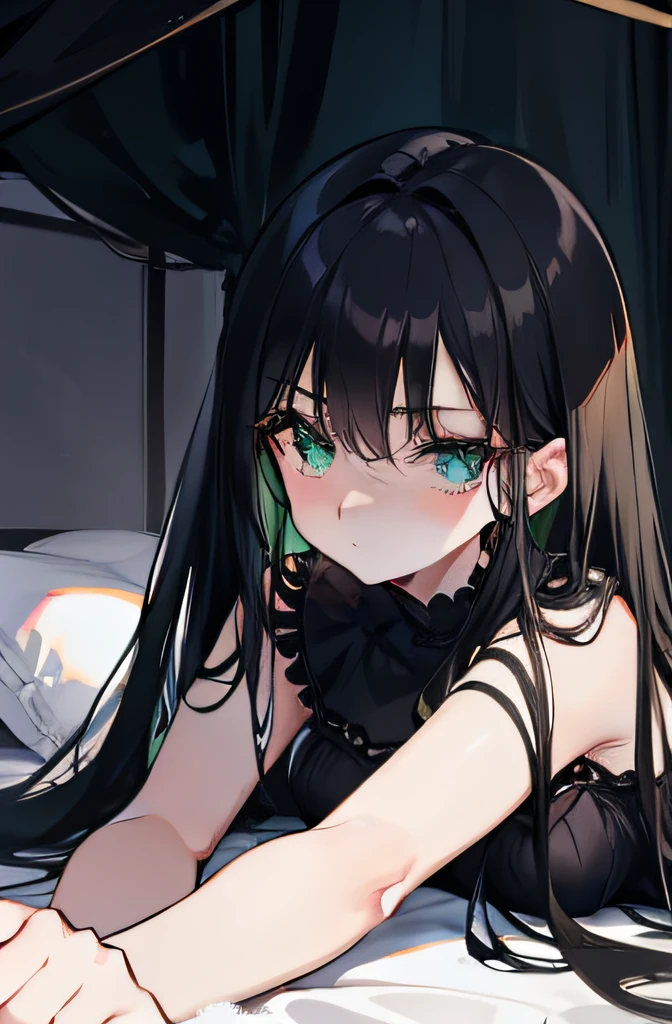 black hair girl, bright green eyes, long black dress, laying on bed, hair spread out around bed, facing ceiling, arms spread out on bed, laying under covers