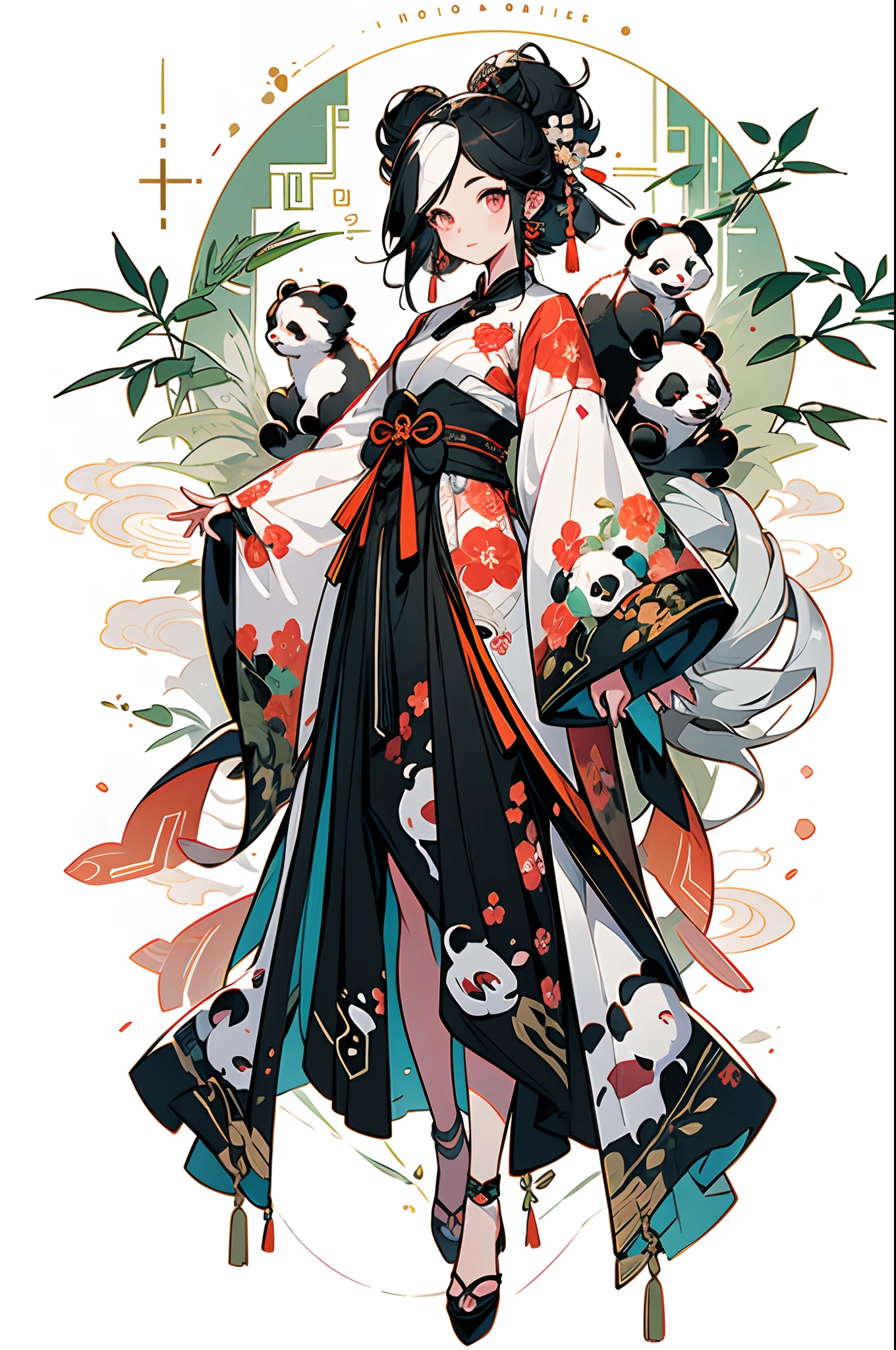 white backgrounid，Under bamboo leaves, (The panda sits on a branch)，pandas，（1B***********：1.5，The upper part of the body，looking at viewert），Pink and white clothes，facial closeups，big beatiful eyes，detailed face with，Flashy clothes，Ethereal panda，(Chinese Panda)，Dreamy，Onmyoji detailed art，A beautiful artwork illustration，mythological creatures，pandas，Beautiful digital artwork，shoes，Footwear, China_dress,