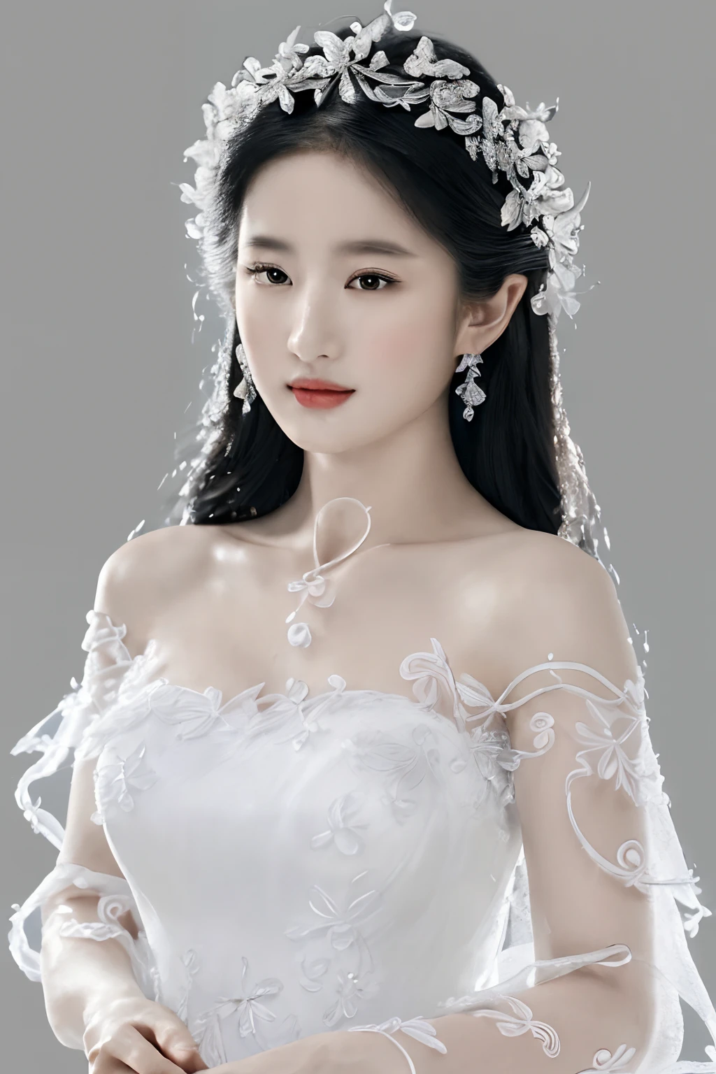 ((best quality ,masterpiece, illustration, an extremely delicate and beautiful, extremely detailed ,CG ,unity ,8k wallpaper, Amazing, finely detail, masterpiece,best quality,official art,extremely detailed CG unity 8k wallpaper)),Long shot,1girl,solo, ,bare shoulders, ulzzang-6500-v1.1,wedding dress,