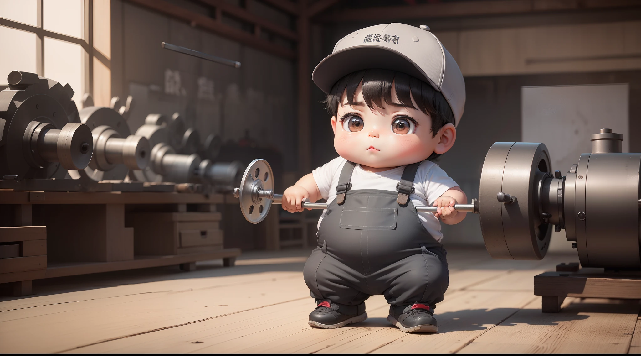 A 3--old ghtly chubby boy in China， Wear a cap，Gray tooling，Gray trousers，Operation of lathes，Workshops, workshops，assembly line，Black hair， adolable， with brown eye，by Pixar, tchibi，frontage，Full body portrait