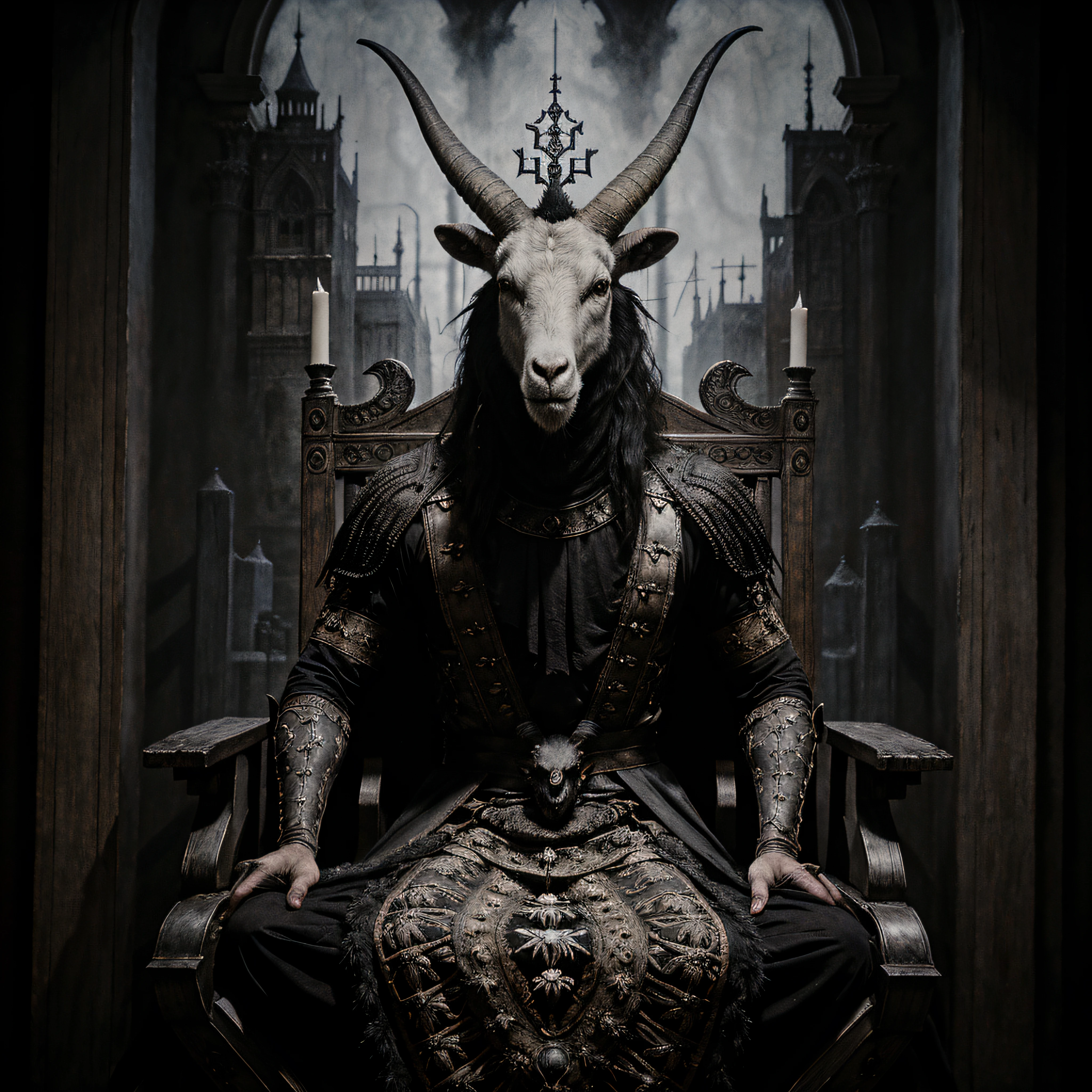 (black metal album cover) a painting of a goat head sitting on a throne, intricate details, hdr, intricate details, hyperdetailed, cinematic, dark shot, muted colors, film grainy, soothing tones, muted colors, technicolor, by vergvoktre