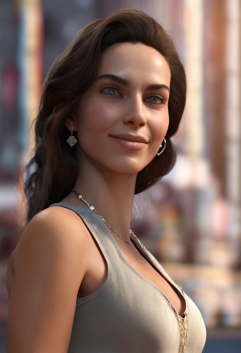 Side view,Persian woman, Smile: smooth soft skin, Symmetrical, Natural skin texture, Soft lighting, Detailed face, Has perfect blue eyes:1 Photorealism, soft pastel colors sparkling, looking at the camera in, photorealistic paintings, Sharp focus, 8K, Perfectcomposition, trending on artstationh, an award winning photograph, Unreal Engine 5, cinematic smooth, intricately details, studio photo, Highly detailed. Simple background,