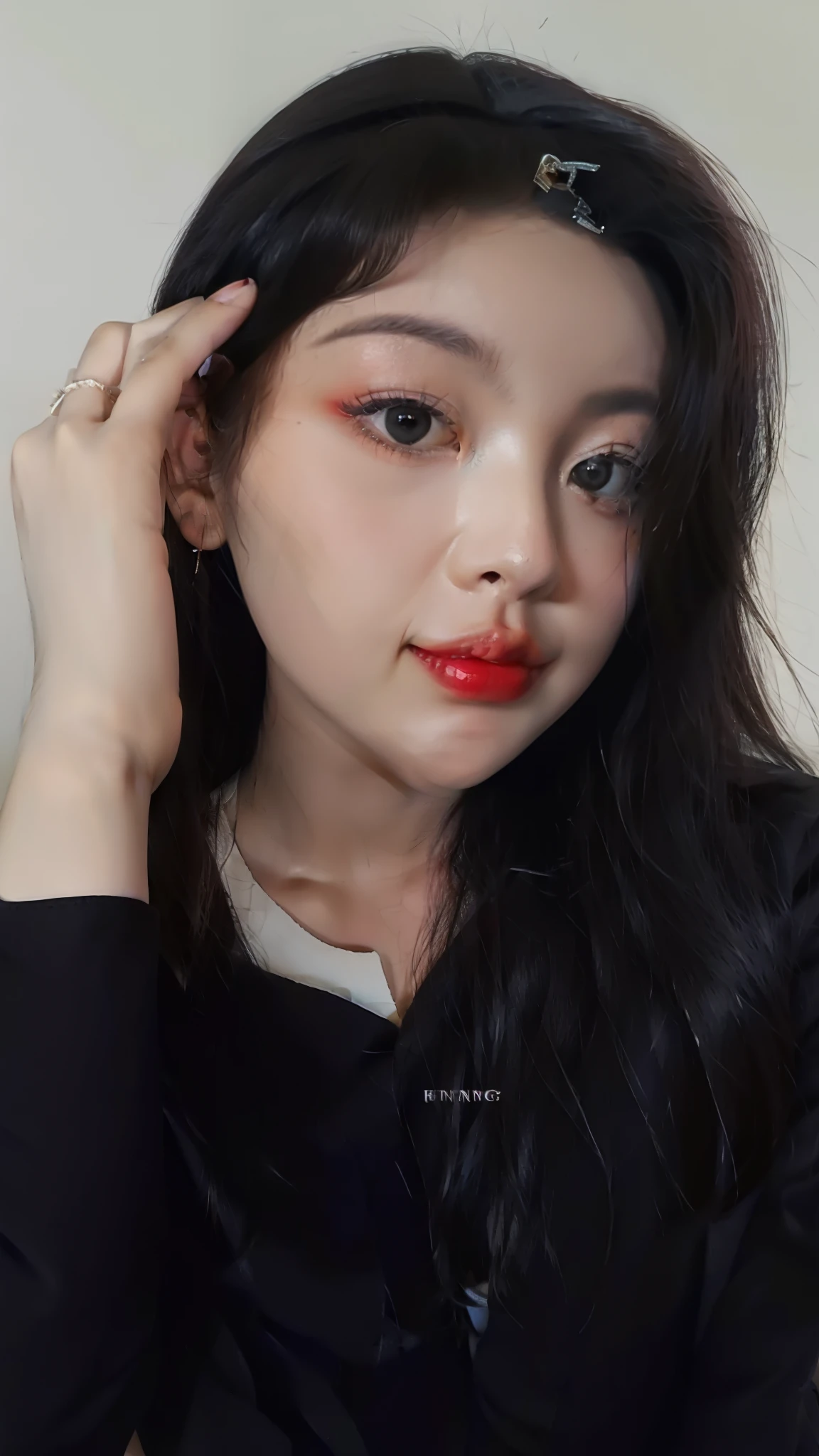 there is a woman with long black hair and a black jacket, faint red lips, red lipstick on face, south east asian with round face, ulzzang, with round face, young adorable korean face, young cute wan asian face, wan adorable korean face, face and skin is dark red, red lips, light-red lips, korean girl, korean face features