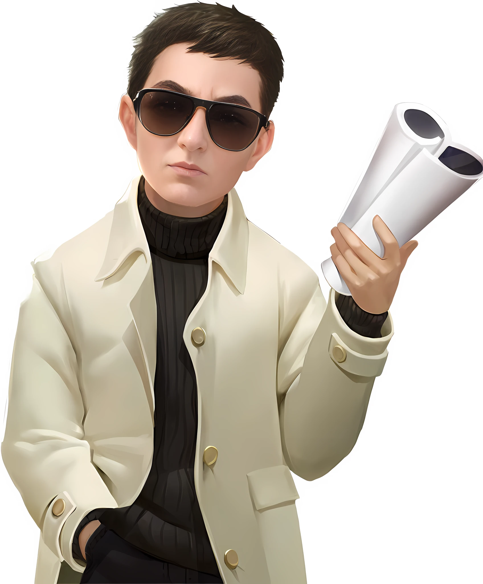 Masterpiece, Best quality, tmasterpiece,high high quality,Best quality at best,k hd,realisticlying,perfect litthing,详细的脸,Detailed body,1 man,with short black hair,Lunette de soleil,Business suit,(Grim expression:1.5)