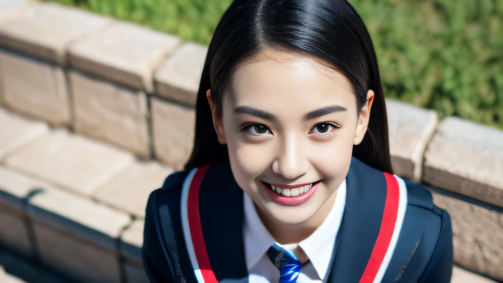 Black ball hair、White Skin Skin、chineseidol、年轻、Thick eyebrows、Black eyes、biting lip、smile in face、Cheer Uniforms、Custom collar、（1 female student）、By the school pond、Sit on a book、Slim eyebrows、Brown hairpins、hentail realism、8K、tmasterpiece、A high resolution、、anatomically correcte、、from above view、32K quality