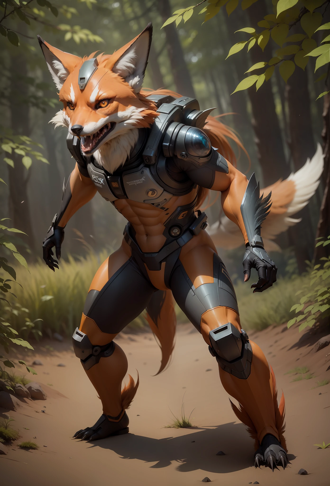 Sci fi humanoid creature with the feathers of a fox and mutant traits similar to rocket teeth roar expressive eye brows real photography, natural light, photorealism, cinematic rendering, ray tracing, the highest quality, the highest detail, Cinematic, Third-Person View, Blur Effect, Long Exposure, 8K, Ultra-HD, Natural Lighting, Moody Lighting, Cinematic Lighting