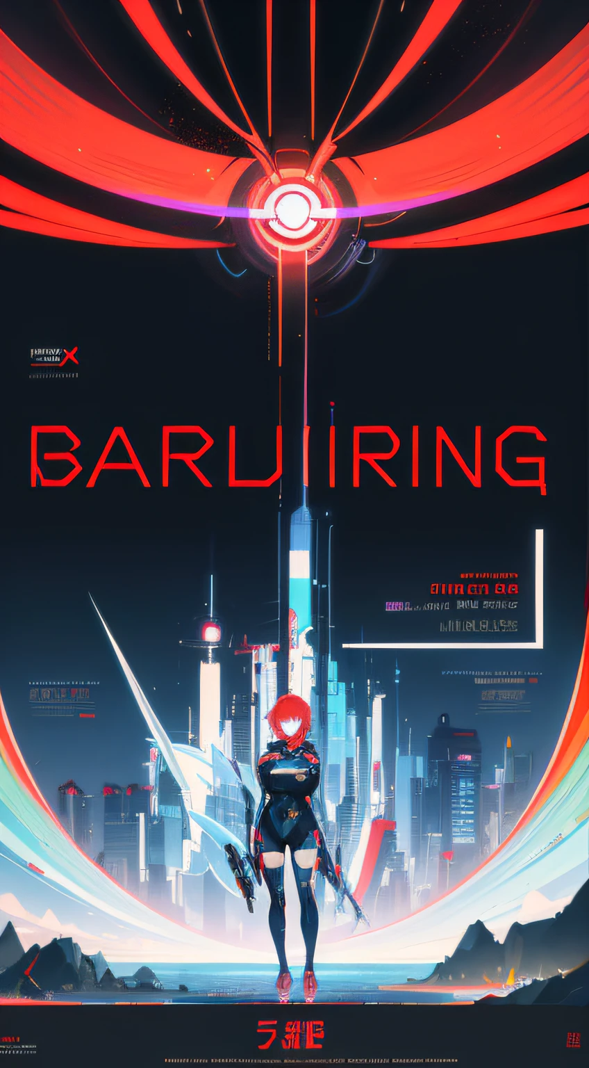 poster, Sci-fi, Creative, Colorful, abstract, AI in the middle, red eyes, Competition atmosphere, social media handle links at the bottom (best quality), Tokyo Budlings, Text, bar codes, and aesthetic style Big Title: "Generative AI Competition".