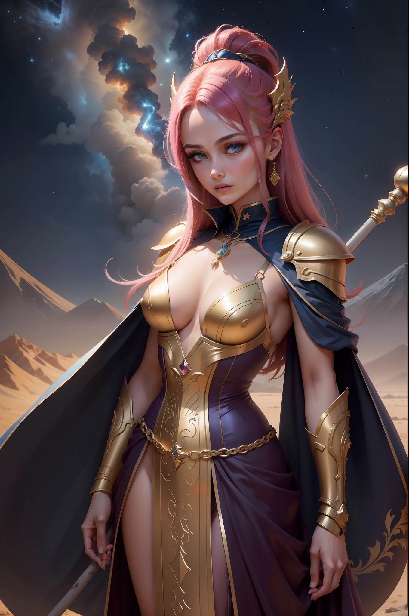 Criar imagem realista de uma mulher com cabelos curtos e vermelhos, olhos castanhos escuros, vestida com um longo e elegante vestido azul que cobre todo o corpo, including the neck. Ela tem uma silhueta esbelta, No emphasis on breasts, e pernas normais. The character is holding a golden monk's staff shaped like a dragon, adotando uma postura de combate e um olhar concentrado. The scene takes place on top of a volcano, com lava escorrendo ao fundo da imagem. The sky has a twilight effect, com estrelas brilhantes pontuando a paisagem.