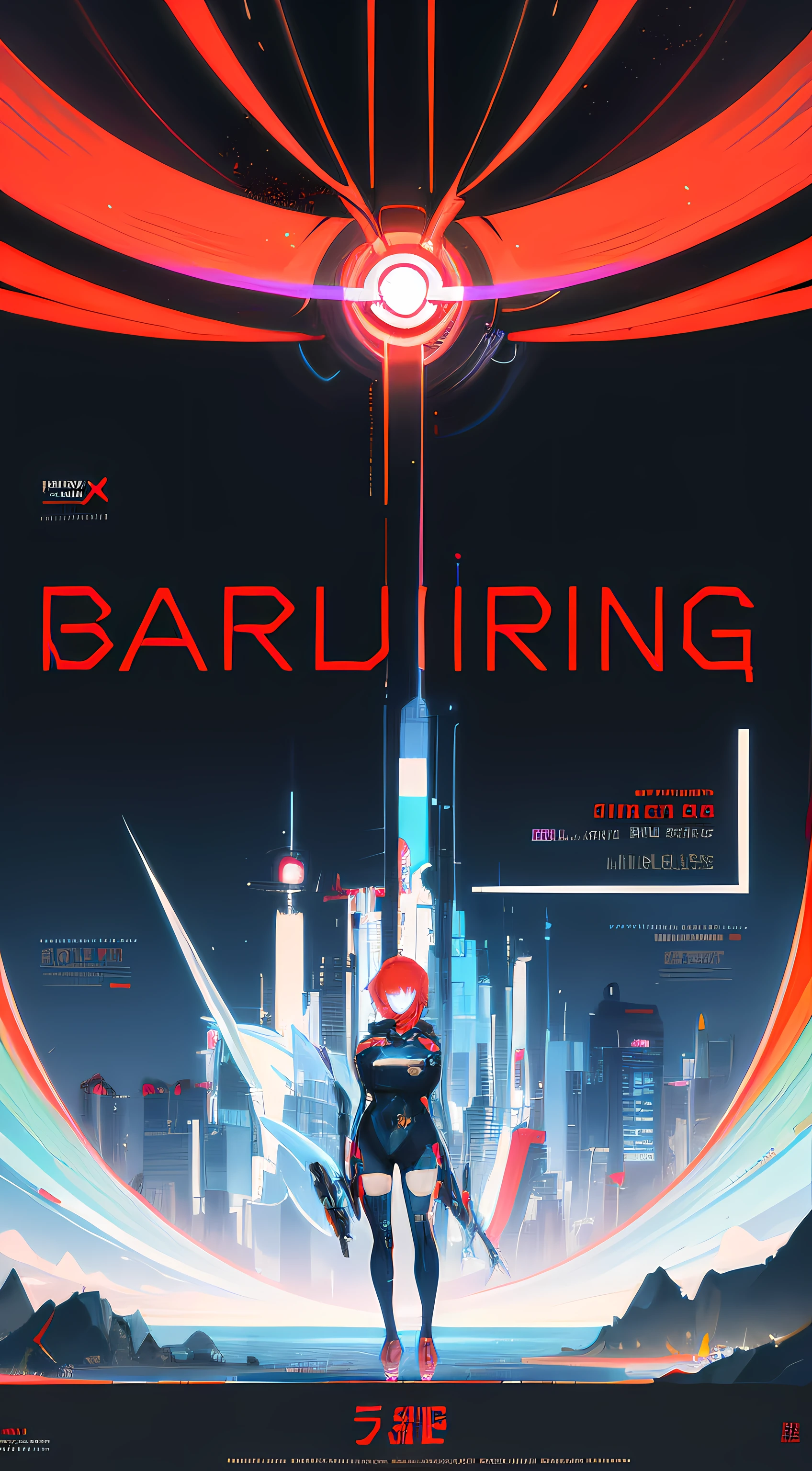 poster, Sci-fi, Creative, Colorful, abstract, AI in the middle, red eyes, Competition atmosphere, social media handle links at the bottom (best quality), Tokyo Budlings, Text, bar codes, and aesthetic style Big Title: "Generative AI Competition".