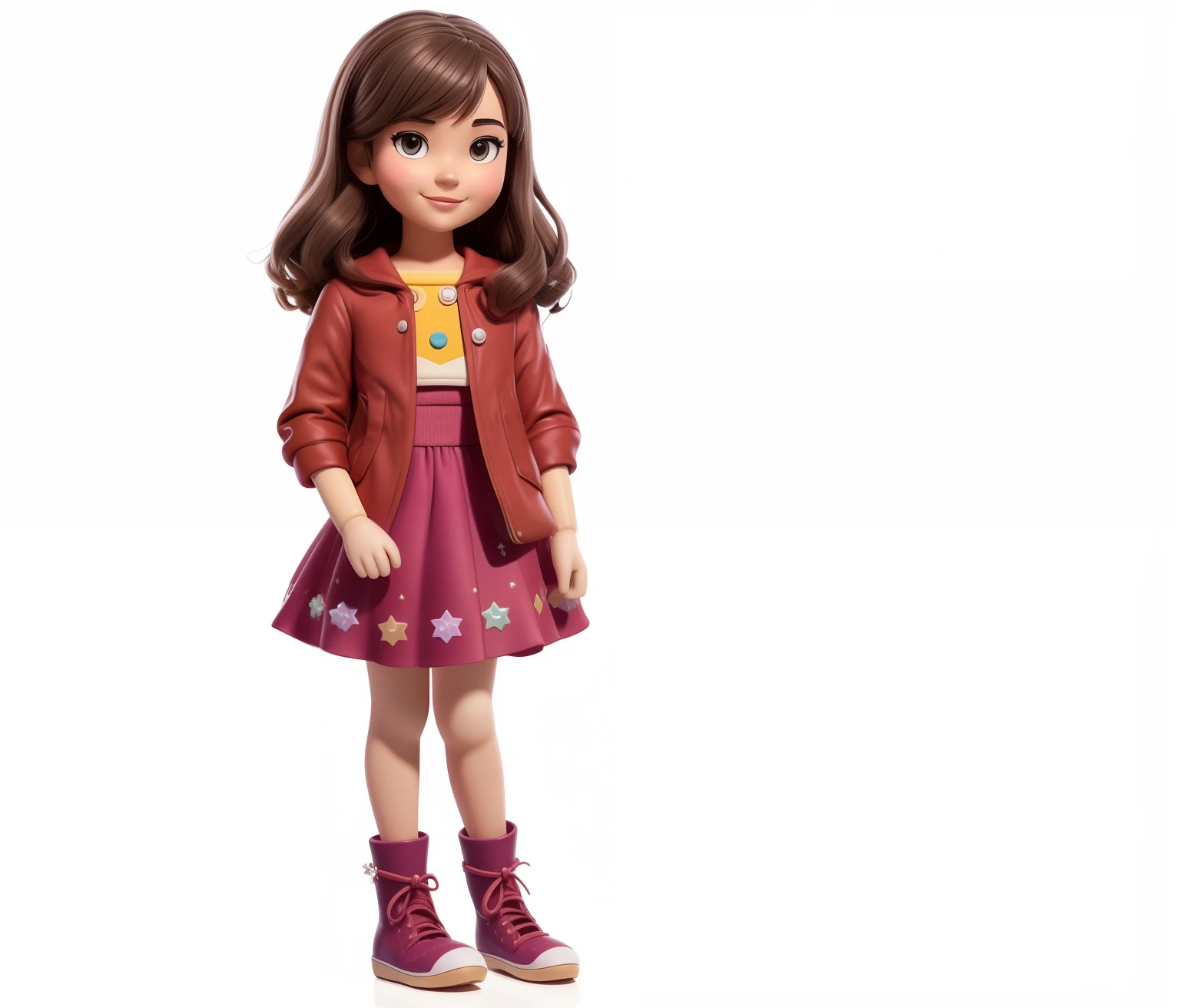 um close up de uma boneca com um vestido e jaqueta, por disney, animation character, promotional render, personagem bonito, personagem do filme, arte oficial do personagem, character is in her natural pose, personagem de desenho animado, official illustration, estilo de personagem disney, personagem bonito dos desenhos animados, imagem promocional, Pixar Doll Foco Profundo, explorador feminino mini bonito, Personagem de corpo inteiro, Arte Promocional, Pose de personagem