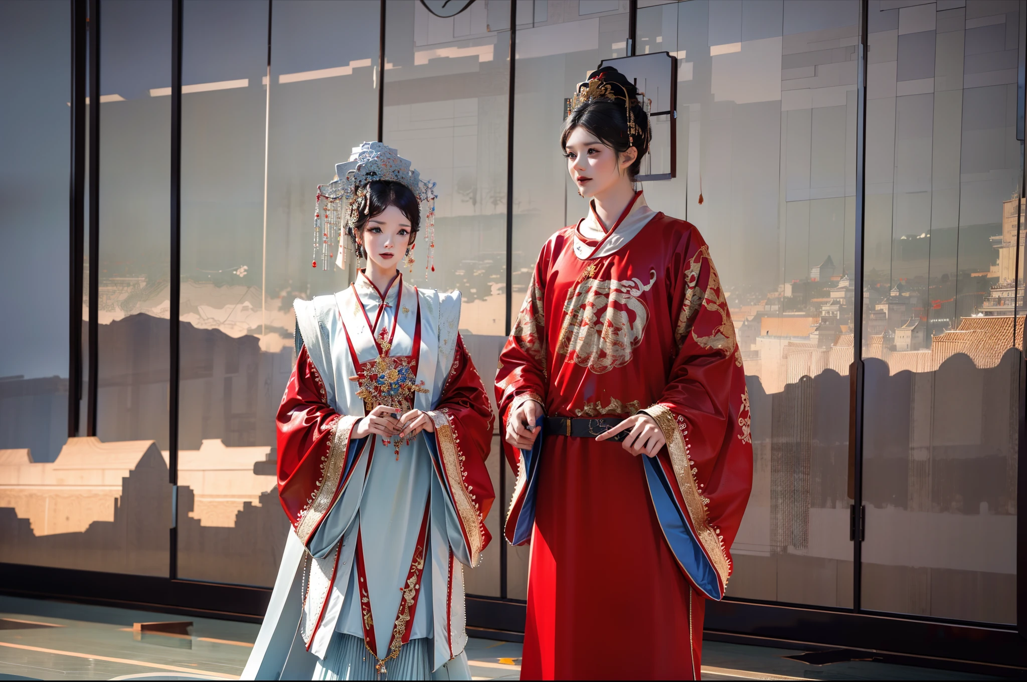 1 men and 1 girl,get married,Ancient Chinese weddings,Behind it is Chinese architecture