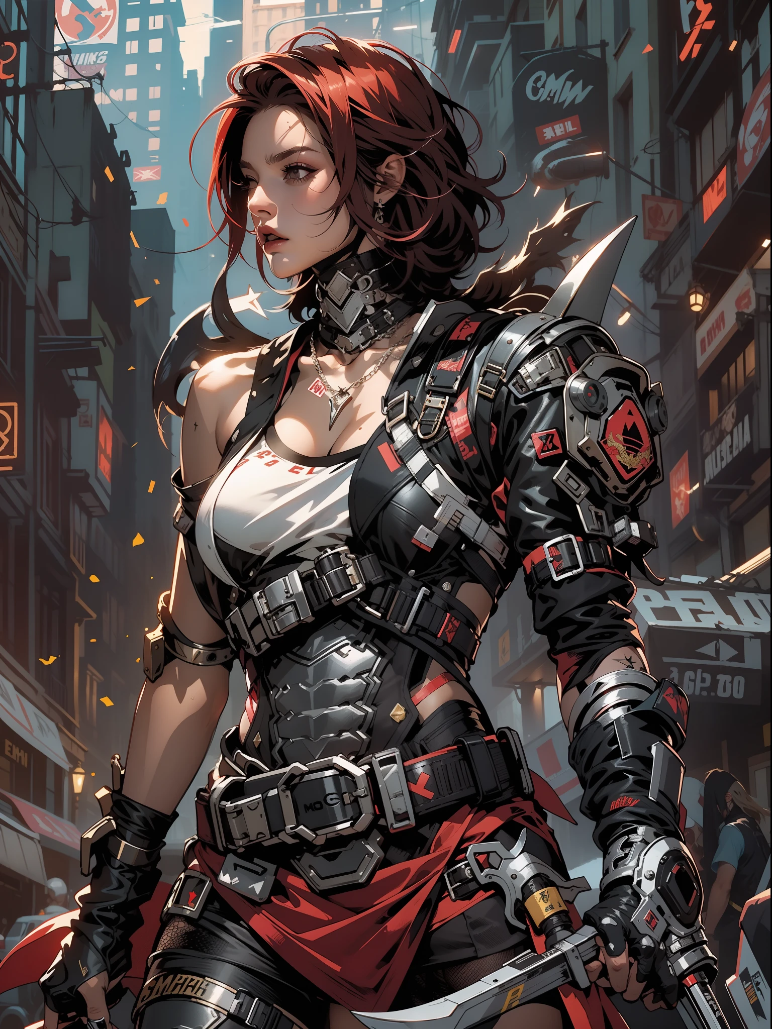 (((mulher))), (((melhor qualidade))), (((obra prima))), (((adulto))), (((1girl))), ((( corte de cabelo bob ))), Uma gladiadora cyberpunk mulher de 25 anos com corpo perfeito, shoulder pads with metal spines, Gladiadores do Brooklyn, (( corte de cabelo bob )), tiny leather panties, camiseta de time de rugby rasgada, quase nua no estilo selvagem urbano de Simon Bisley para a capa da revista Heavy Metal, Cabelo loiro curto, Minimum clothing, Metal protection on the left arm with intricate graphics, Dark red with white stars and black and white checkerboard pattern, armadura, cheio de pontas e rebites, (((do joelho pra cima))), cabelos loiro branco curto, segurando um glaive