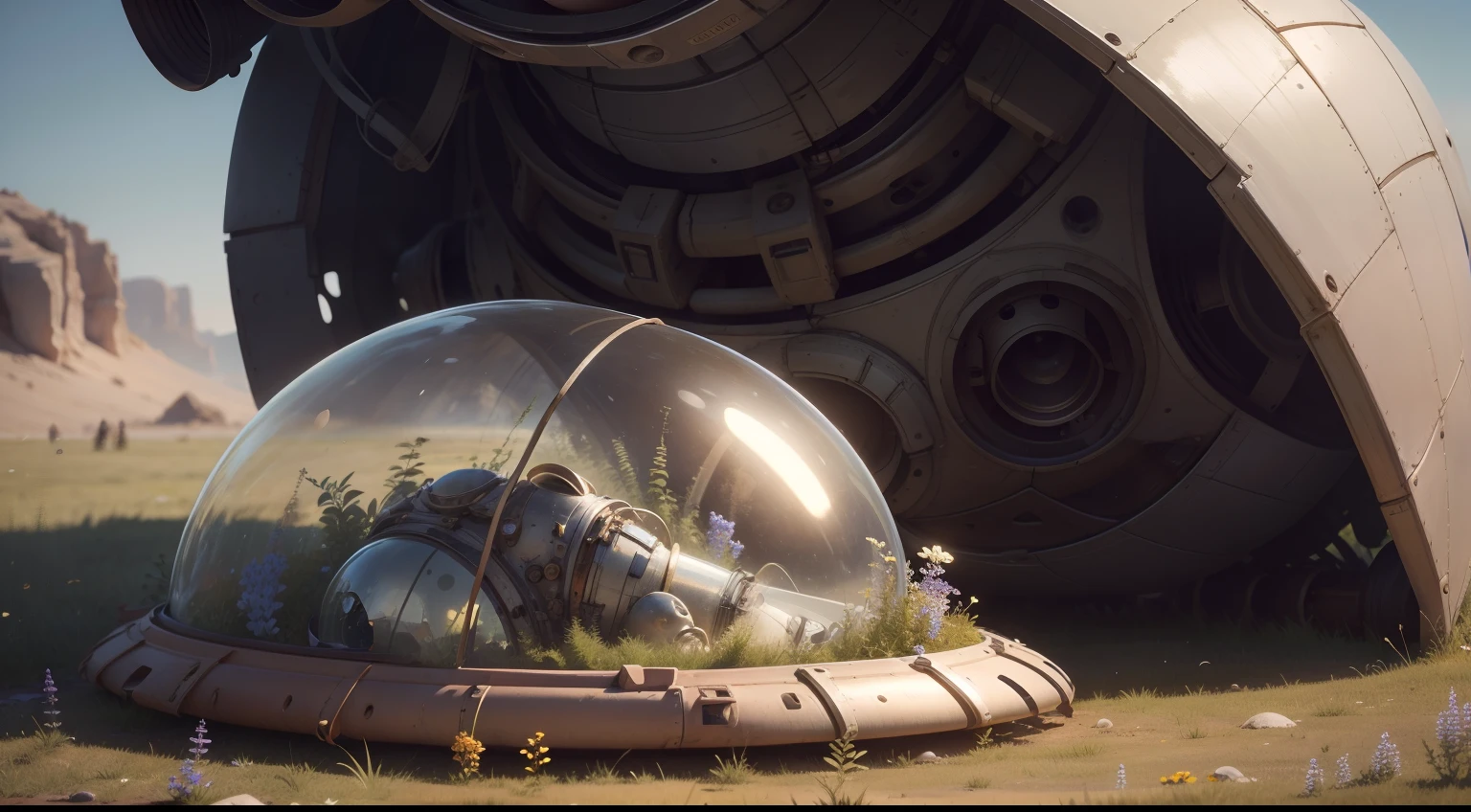 close-up all over the body,People in old spacesuits lie in the grass to rest,The shell is shiny and transparent,Wildflowers and wildflowers,Realistic and rich in detail,Cinematic texture