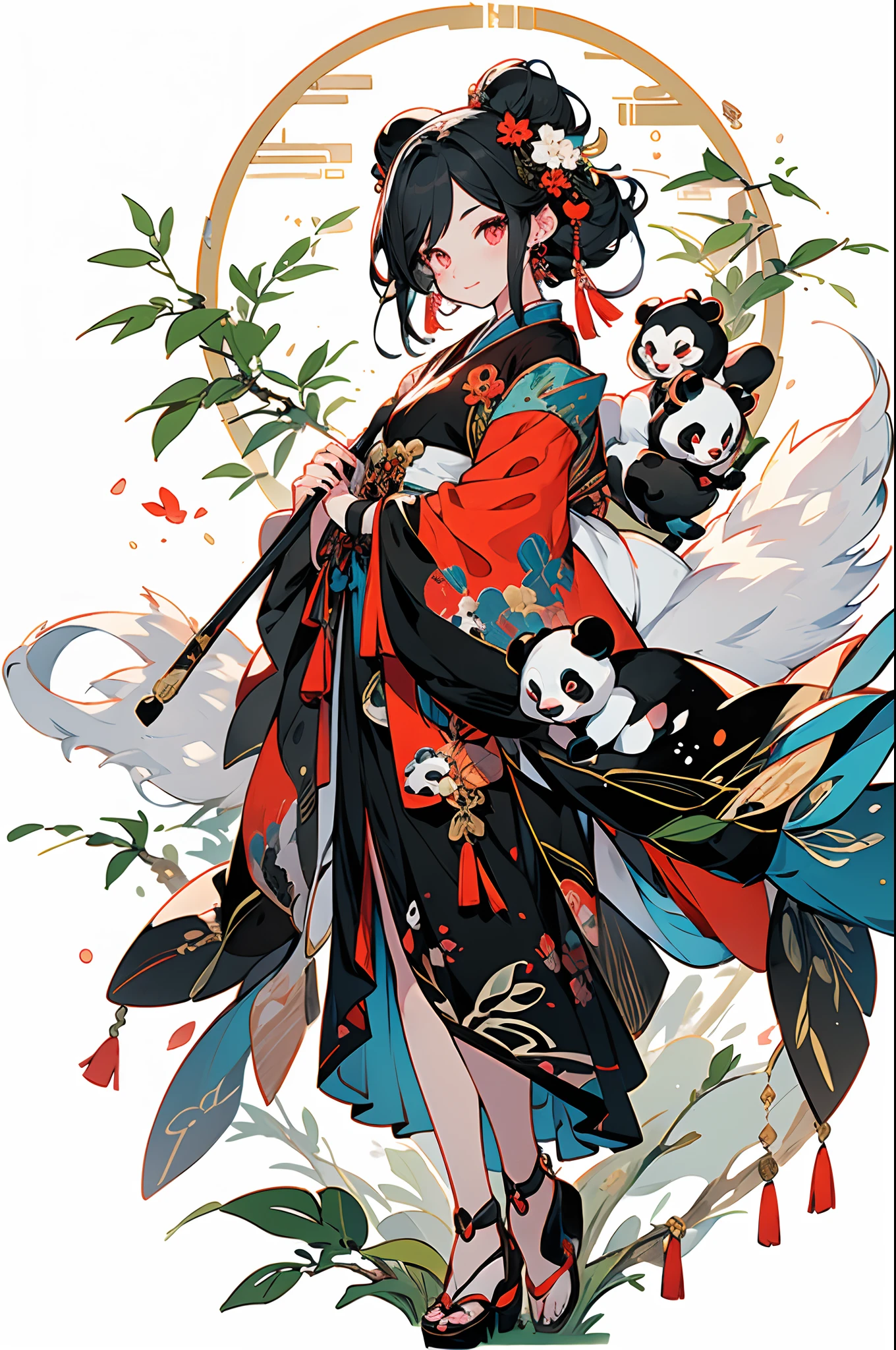 (Masterpiece:1.2)，Best quality，white backgrounid，Under bamboo leaves, (The panda sits on a branch)，pandas，（1Blittle girl：1.5，The upper part of the body，looking at viewert），Pink and white clothes，facial closeups，big beatiful eyes，detailed face with，Flashy clothes，Ethereal panda，(Chinese Panda)，Dreamy，Onmyoji detailed art，A beautiful artwork illustration，mythological creatures，pandas，Beautiful digital artwork，shoes，Footwear, China_dress,