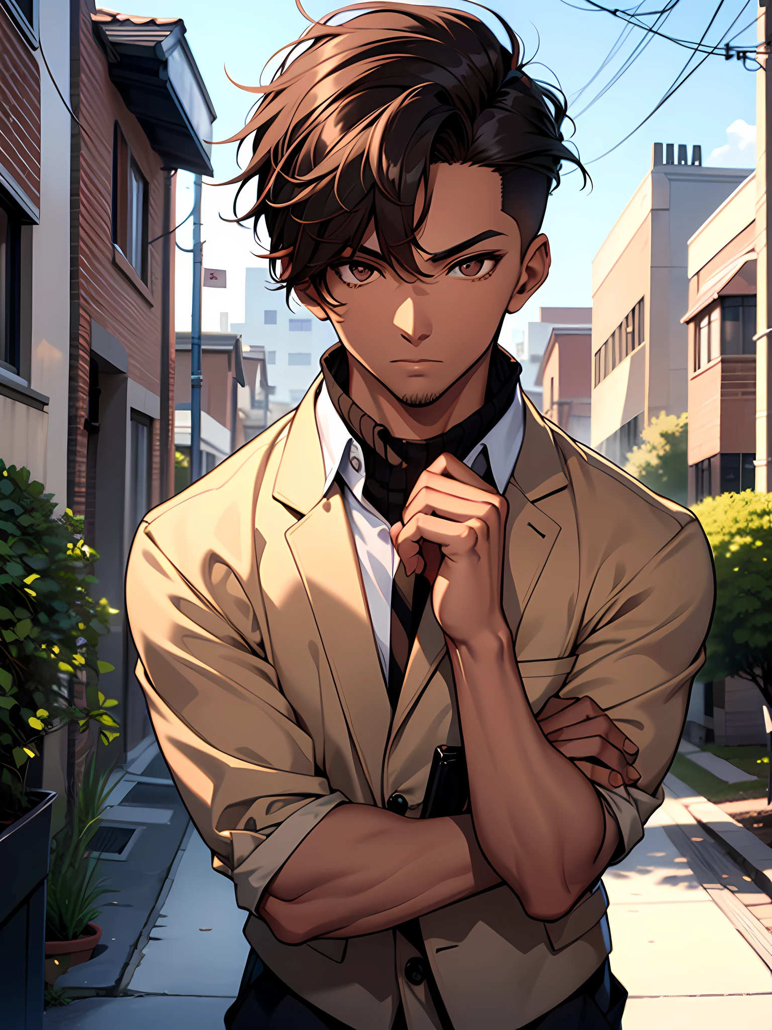 1boy, face focus, tanned skinned, tall guy, accurate beautiful brown eyes, barbers haircut, body is well proportioned, wearing highschool uniform, his in the neighborhood, looking at viewer, high resolution, ultrasharp, 8k, masterpiece