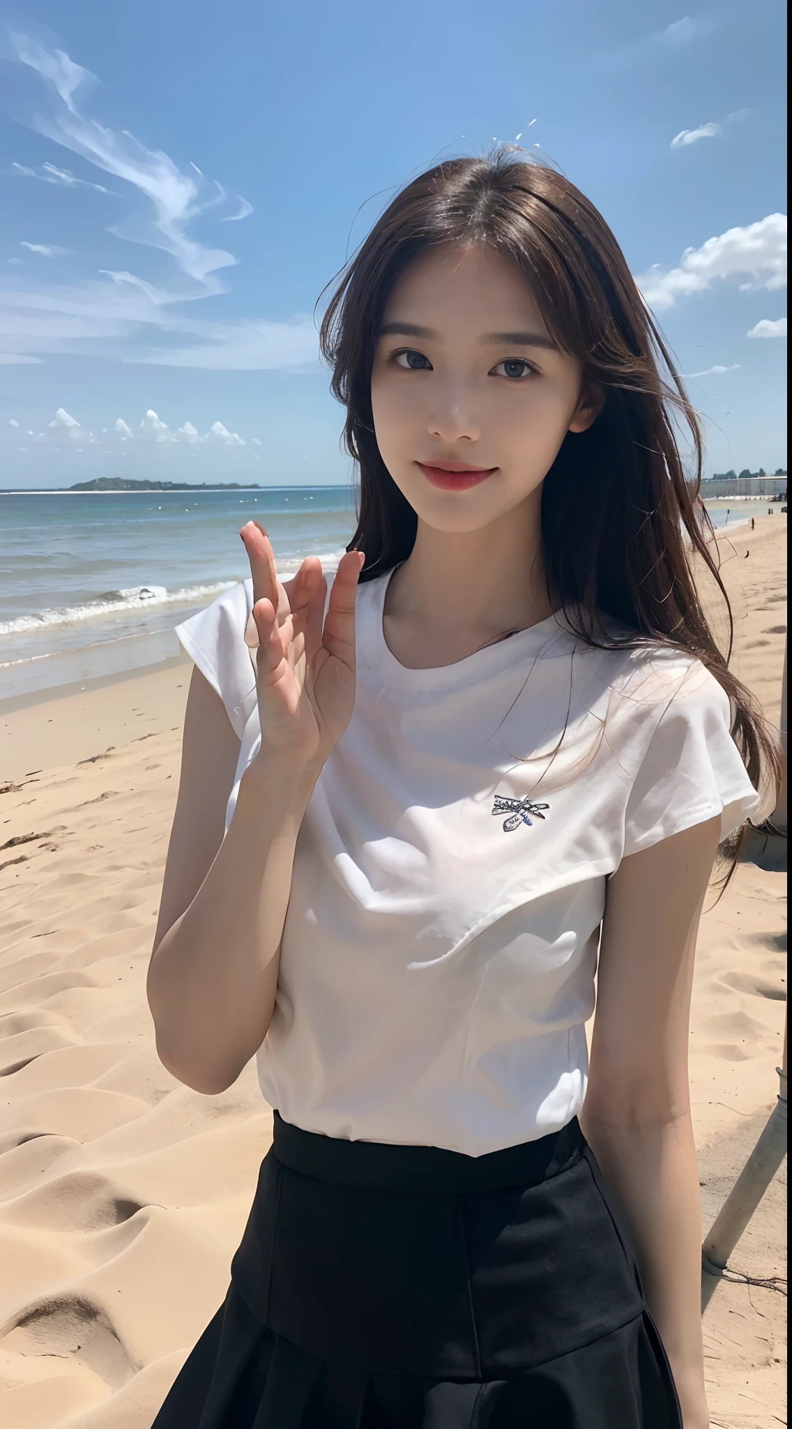 ((Best picture quality, 8K, tmasterpiece: 1.3)), self-shot, Sharp focus: 1.2, A cute beauty with a perfect figure: 1.4, Slim, ((Brown hair black)) , (whitet-shirt,pleatedskirt,Highly detailed face,Happy expression,standing on your feet:1.2),((with blue sky and white clouds,Beach by the sea:1.3. Produced with a major focus on women)),Highly detailed facial and skin texture,Detailed eyes,二重まぶた