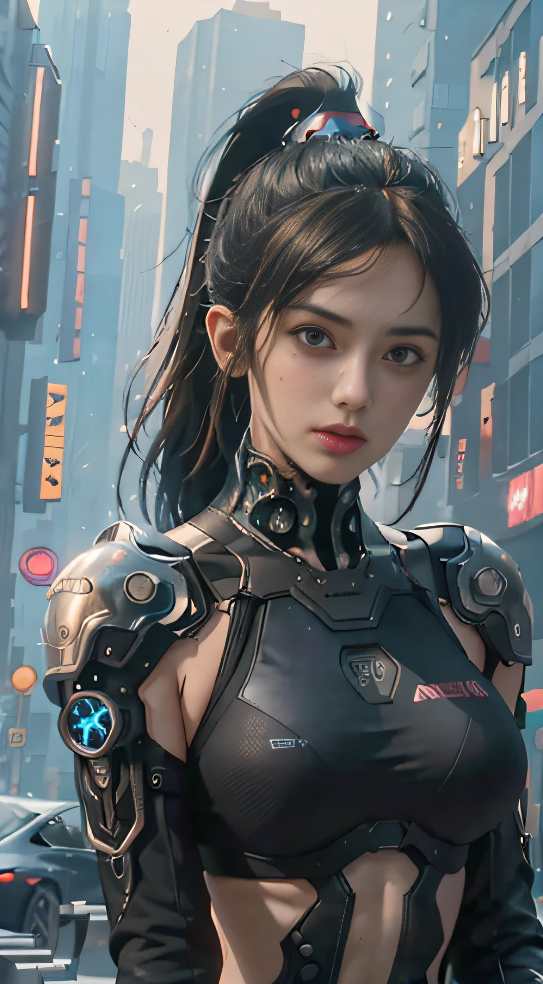 Best quality)), ((Masterpiece)), (Very detailed:1.3), 。.3D, Beautiful (Cyberpunk:1.3)), 1 girl, full bodyesbian, chest baring，Ponytail white hairstyle, big breast, Slender body, slender hip, Big breasts, lying down，hand behind head , bottom angles, From below, Dressed in full ((Heavy cyberpunk armor)) With neon decoration, (head mounted display), fiber optic cables, company logo, Science fiction, Night cyberpunk city background, gantz, In the Style of Cyberpunk 2077, Ultra Realistic Photo, Masterpiece, Best quality, CG, the wallpaper, hdr, High quality, k hd, Extremely detailed, {Beautiful detailed face}, {Beautiful detailed eyes}, (Detailed light){{intricately details}}, {A high resolution}, ((Detailed face)), Neon light, Chiaroscuro, key visual, intricately details, Highly detailed, Breathtaking, vibrant, Cinematic, Low ISO, White balance, Rule of thirds, Wide aperture, 8K raw data, Efficient subpixels, Subpixel convolution, Luminous Particle,