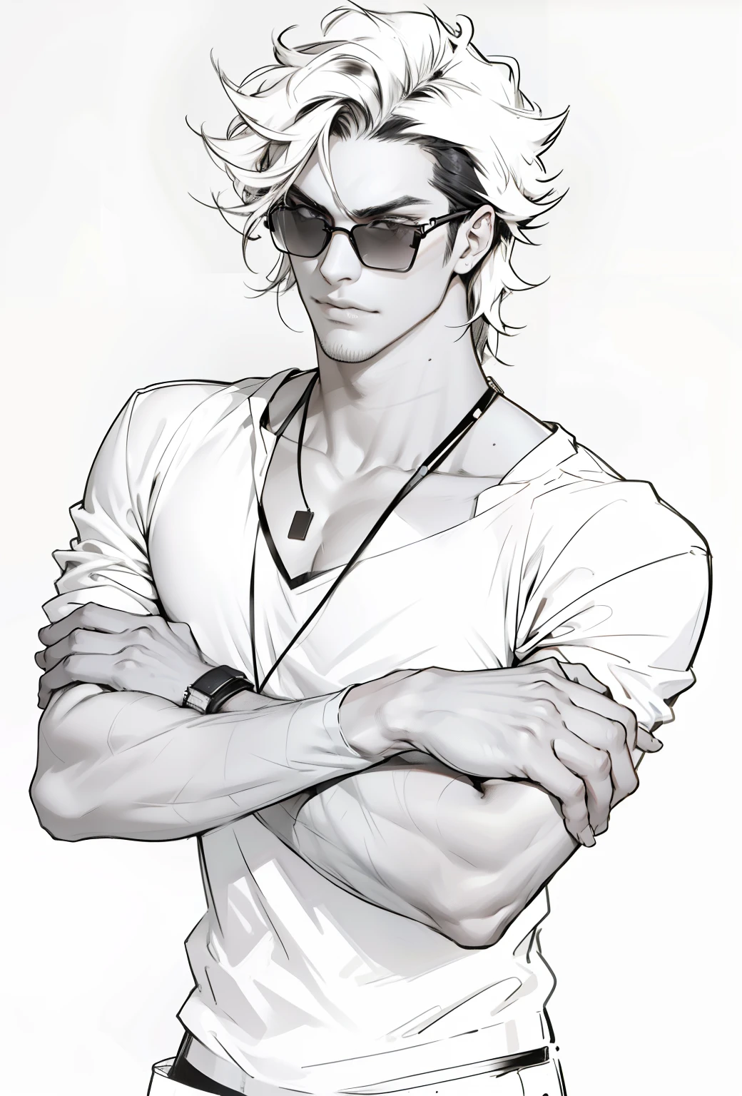 solo person, Soloist,1boys,white backgrounid,lying on her side,Shirtless males,chest muscle,simplebackground,Abs,long whitr hair,whaite hair,Gray eye,obi strip,hair on one eye,birthmark,one eye covered,trouser,European people,European medieval clothing