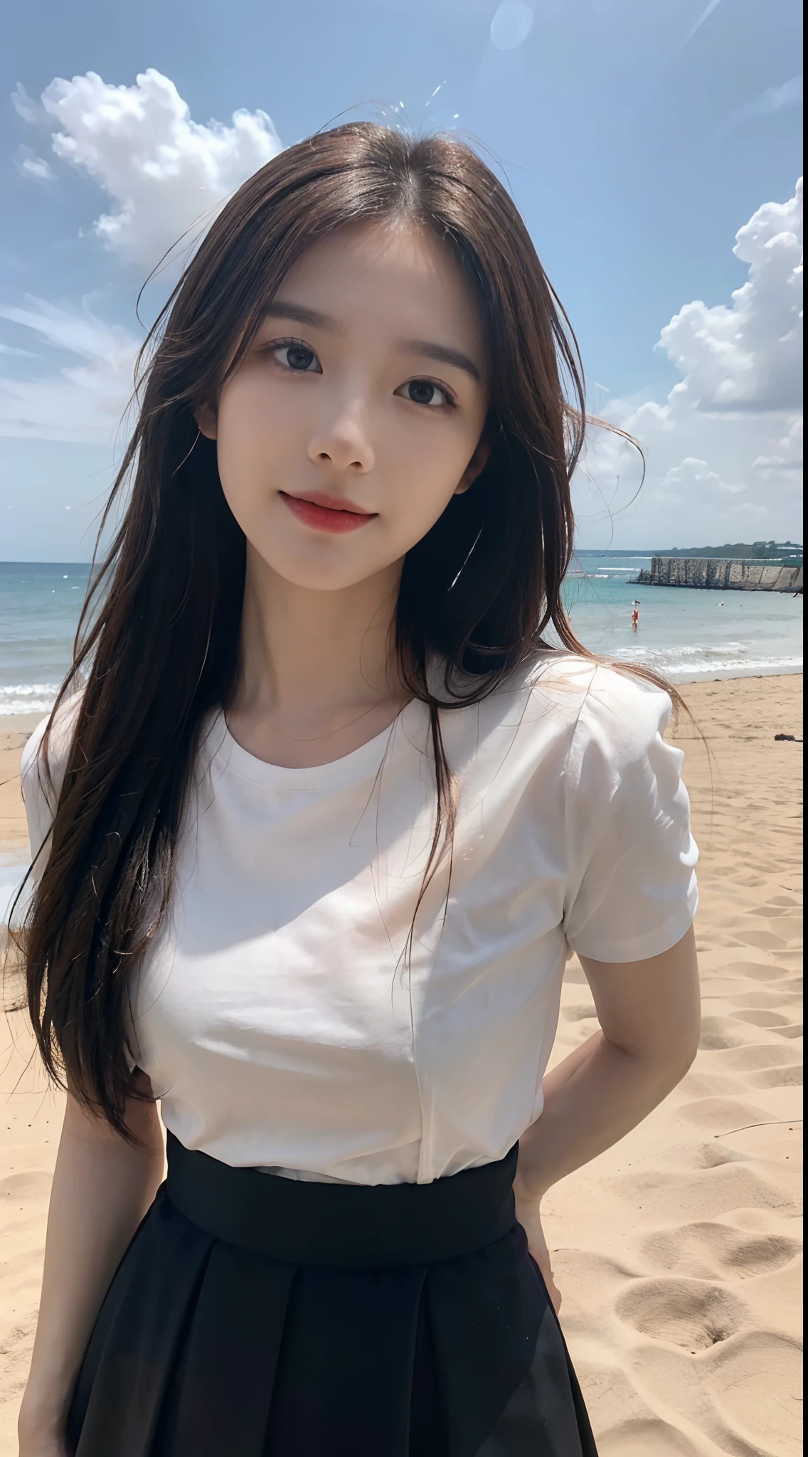 ((Best picture quality, 8K, tmasterpiece: 1.3)), self-shot, Sharp focus: 1.2, A cute beauty with a perfect figure: 1.4, Slim, ((Brown hair black)) , (whitet-shirt,pleatedskirt,Highly detailed face,Happy expression,standing on your feet:1.2),((with blue sky and white clouds,Beach by the sea:1.3. Produced with a major focus on women)),Highly detailed facial and skin texture,Detailed eyes,二重まぶた