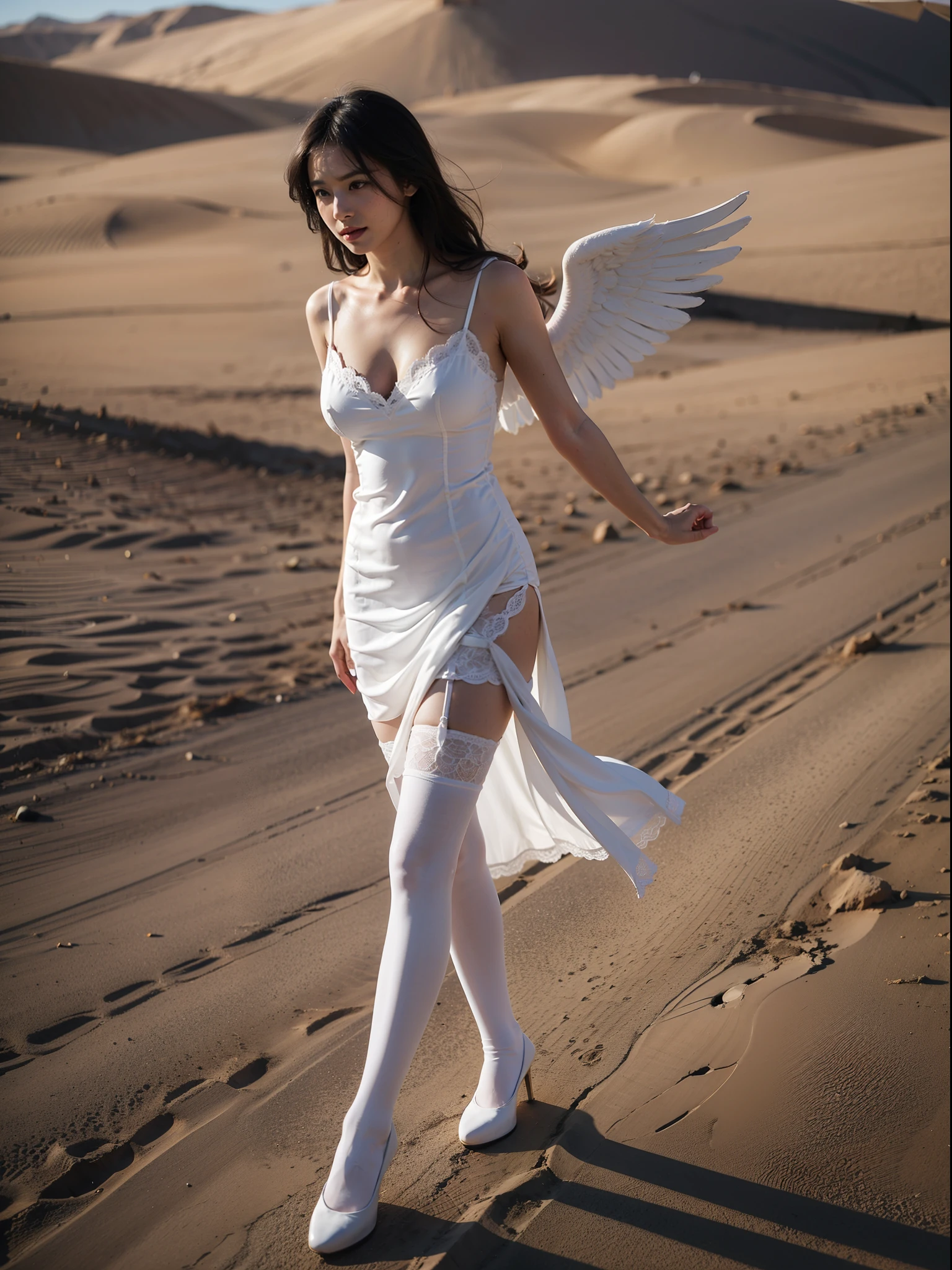 breast enhancement,reality,offcial art,8K quality,Super detail,fine detail skin,Movie Angle,cinematic textures,Movie lighting,Masterpiece,Best picture quality,deepshadow,Backlight,1 girl,Zhu lips,Messy hair,showing panties,pantyshot,underbust,1girll,Whole body,White_Stockings,Lace stock,Long hair,upper legs,Lace, Angel in white dress walking in desert,Huge sand dunes,Full body angels, Naked girl, White stockings, White silk wings,, Wide-angle angel shot, white dresses,Beautiful angel in white dress,nudegirl , crisp breasts,Gas bangs),ssmile, best qualityer,tmasterpiece,(realisticlying:1.4)