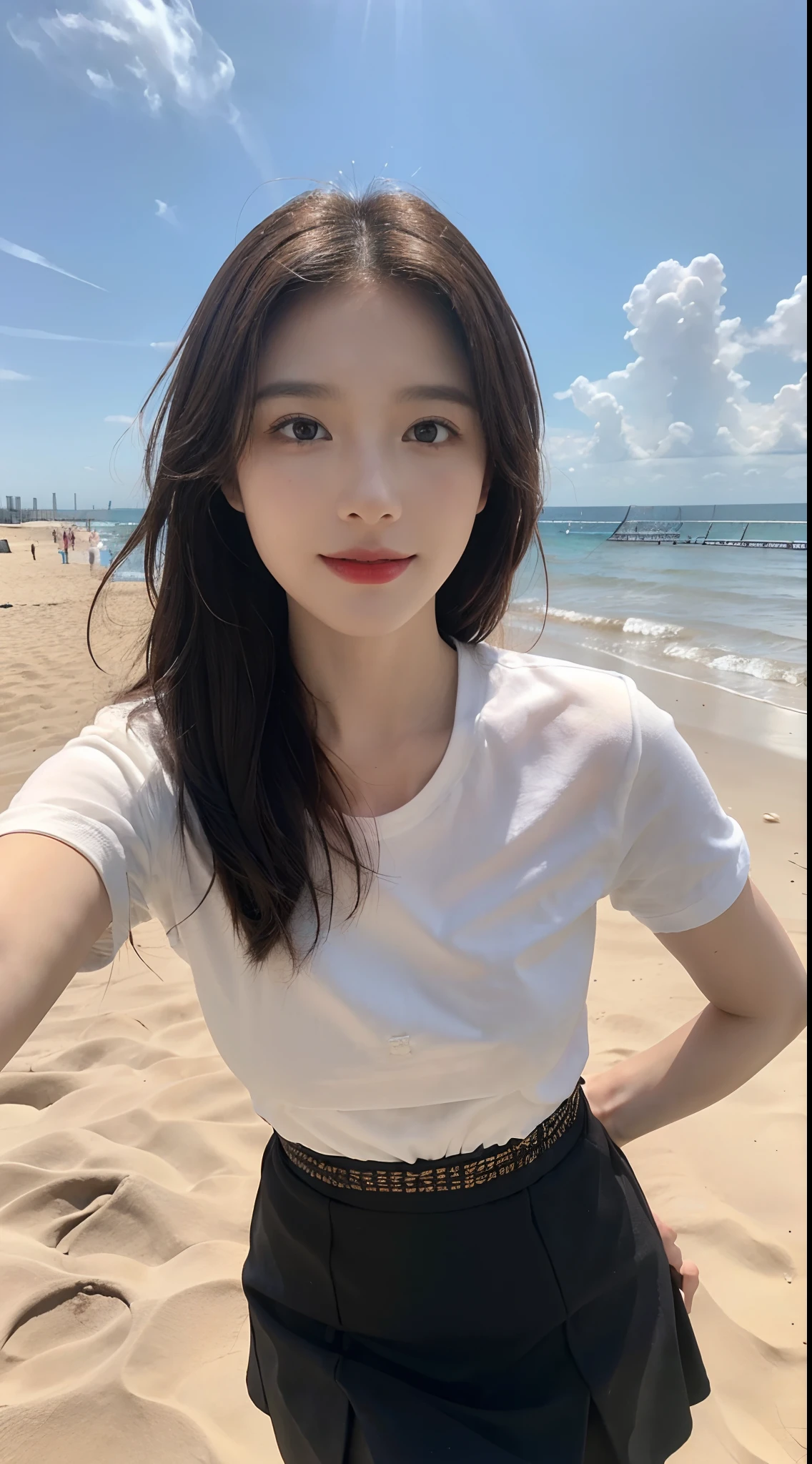 ((Best picture quality, 8K, tmasterpiece: 1.3)), self-shot, Sharp focus: 1.2, A cute beauty with a perfect figure: 1.4, Slim, ((Brown hair black)) , (whitet-shirt,pleatedskirt,Highly detailed face,Happy expression,standing on your feet:1.2),((with blue sky and white clouds,Beach by the sea:1.3. Produced with a major focus on women)),Highly detailed facial and skin texture,Detailed eyes,二重まぶた