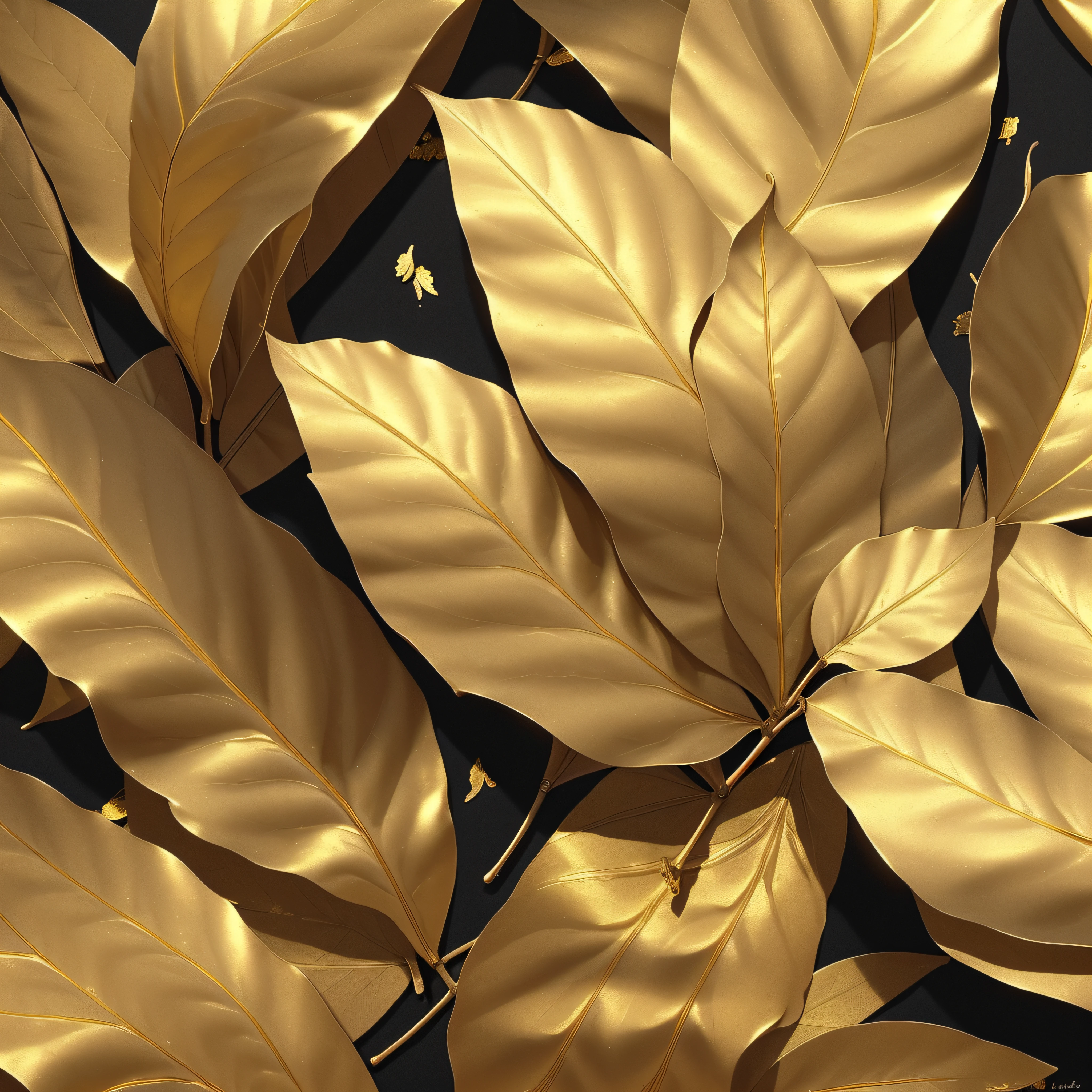 a close up of a bunch of golden leaves on a black background, gold leaves, golden leaves, gold leaf, touch of gold leaf, touches of gold leaf, gilded with gold, gold leaf art, gilded gold, gold leaf texture, magnolia leaves and stems, golden colors, realistic gold, golden colour, draped in gold, shades of gold display naturally
