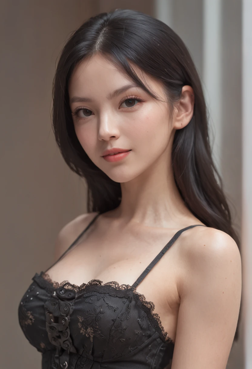 (8K, 超A high resolution, Best Quality, masutepiece:1.2)、RAW portrait of japanese girl、超A high resolution、top-quality、 (huge-breasted,:1.7)、{Slim body:1.3}{I'm not wearing underwear:1.7}、(Wearing a black sleeveless off-the-shoulder dress:1.7)、(hands to hips:1.1)、(In the street:1.2)、(Face up:1.2)、 BREAK (Natural Skin Texture、Detailed skin、Hyper-Realism、ultra sharpness)、intricate detailes、depth of fields、Sexy adult woman、Long black hair straight、Toned buttocks、((masterpiece、top-quality、high-detail))、(Photorealsitic:1.4)、独奏、Smile happily、big eye、Distinct double eyelids、Lashes、long neck、Absolute area、Clean collarbone、face perfect、thin lips、a small face、(gazing at viewer、Highlights in the eyes、Light brown eyes、lipgloss)、(from the front side:1.5)
