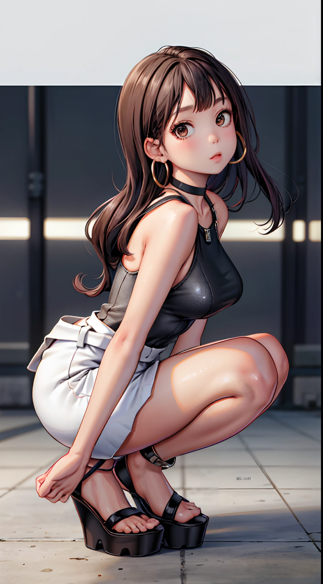 masterpiece, best quality,1girl,young girl,brown eyes,long hair,mesugaki smile,shiny skin,(nice leg line:1.3),thick thighs,thin waist,huge breasts
BREAK
, Black_bodysuit, high-waisted_shorts, platform_sandals, chain_choker_necklace, hoop_earrings,
BREAK
, Department_store,,crowd,depth of field,looking at viewer,squatting,from side,upper body,legsupsexms