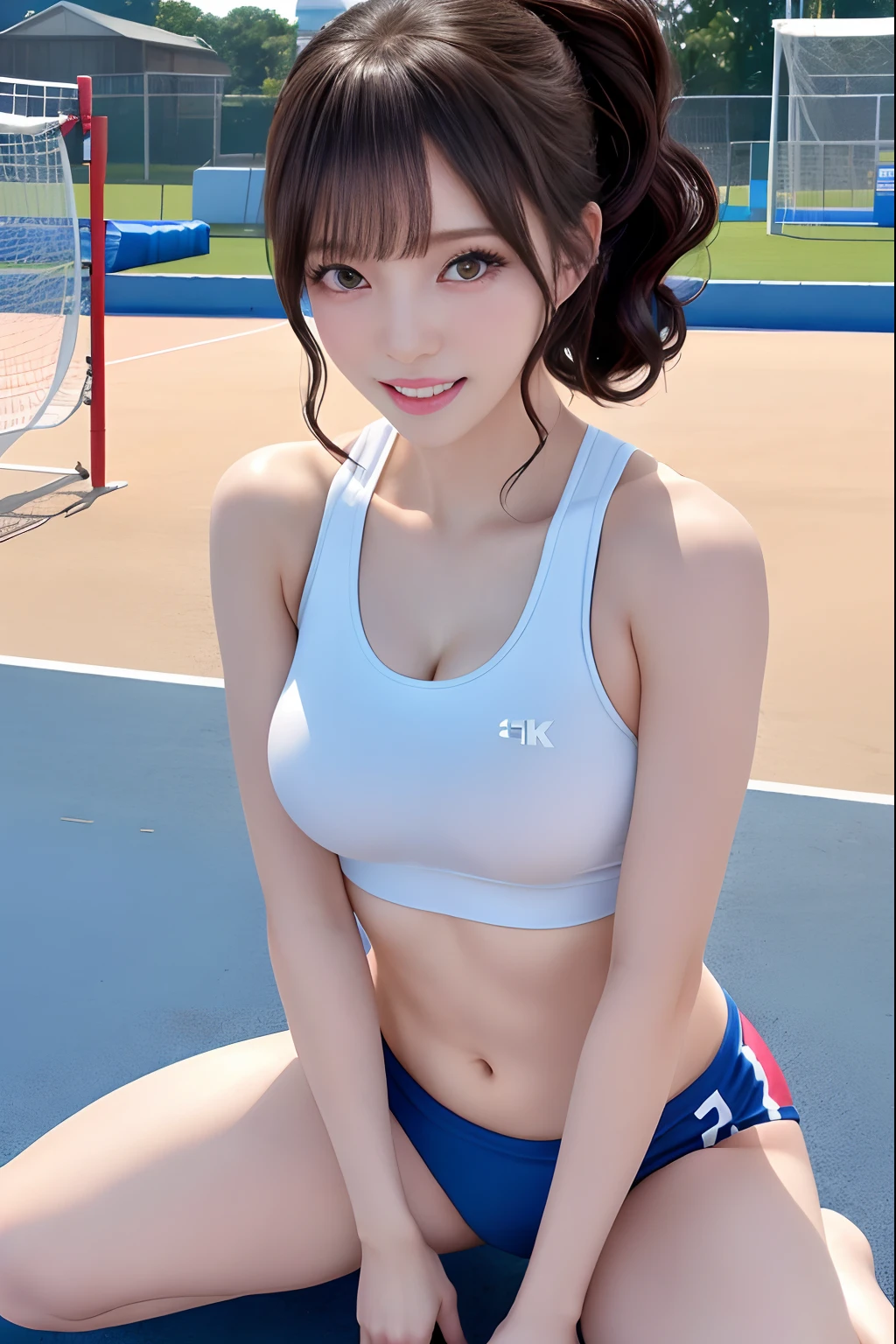 (masterpiece:1.3), (8K, reallistic, RAW Photography, Top image quality: 1.4), Japan Girls、(Random hairstyles:1.2)、maikurobikini:1.2、Super Detail Face、Eye of Detail、二重まぶた、Lean forward to bring your chest closer、foco nítido:1.2、prety woman:1.4、Light brown hair、top-quality、masterpiece、超A high resolution、(reallistic:1.4)、Highly detailed and professional lighting smile、Background of the playground、Track and field athletes stretching、Tight white crop top、Light blue racing shorts、Shining sweat、a baby face、srious facial expression、short-haired、Strong thighs、Sareme、Tight slim waist