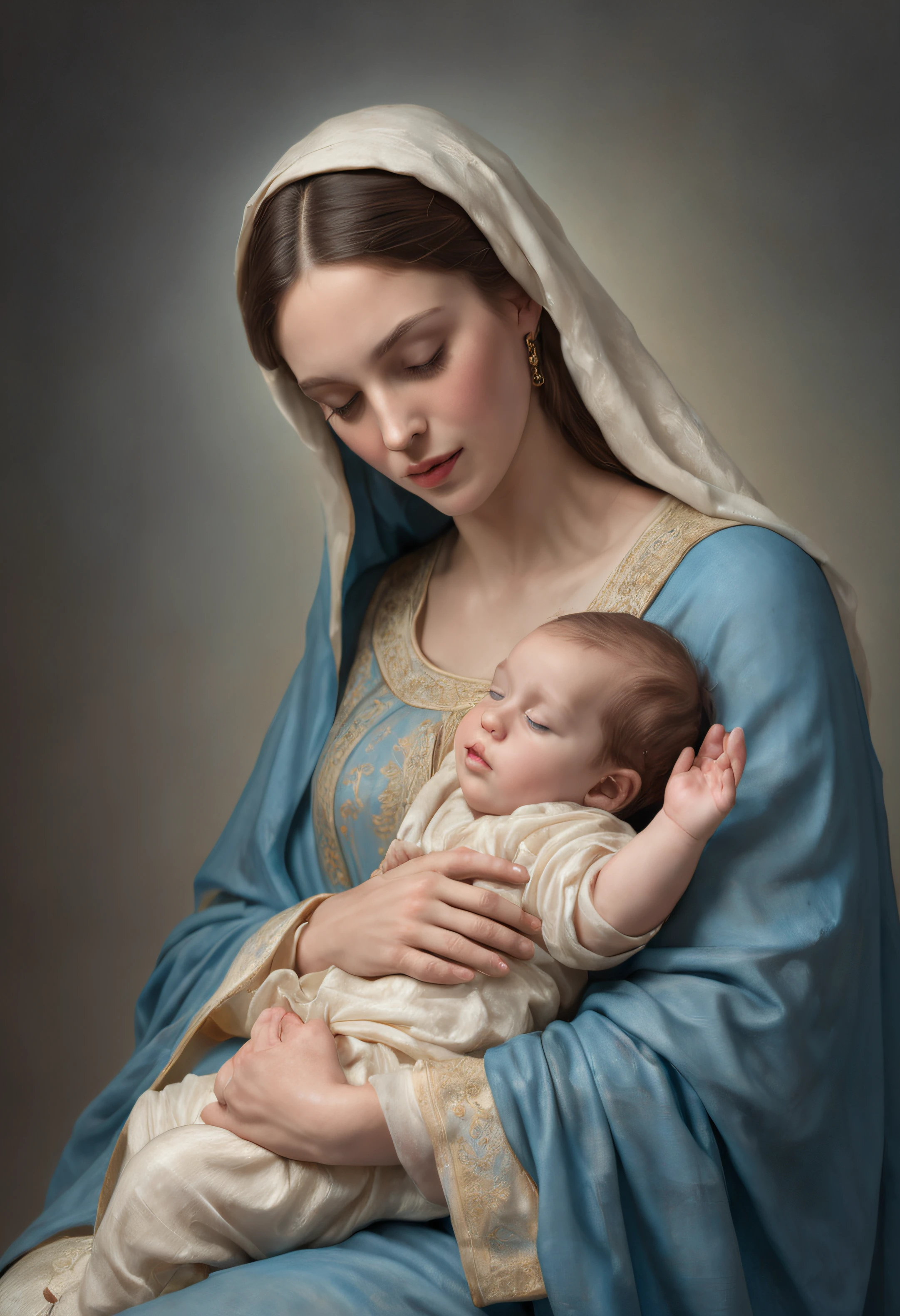 Drawing of a woman holding a in her arms, Virgin Mary, Infant with Jesus, Mother, Queen of Heaven, Beautiful Art, painting of beautiful, Beautiful depiction, Portrait of the Virgin Mary, Catholic Religious Art, rosen maiden, Sacred and beautiful, with a blue background, Boregov, guweiz masterpiece, religious art, Christian art, religious painting