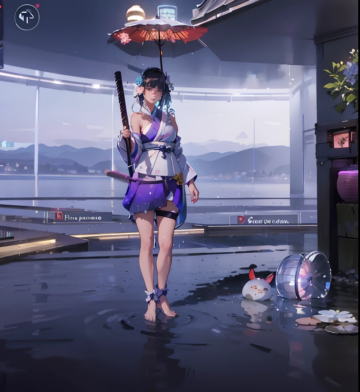 1girl, breasts, moon, lantern, night, solo, large breasts, hair ornament, wet, kimono, japanese clothes, wading, water, hair flower, flower, outdoors, sky, full moon, rain, black hair, off shoulder, mountain, cloud, holding, sash, bare shoulders, paper lantern, standing, white kimono, night sky, sideboob, obi, wet clothes, bangs, tree, from side, reflection, short hair, cloudy sky, wet hair (((masterpiece),(extremely detailed CG unity 8k wallpaper),best quality,,solo,1girl,cinematic lighting,detailed background,beautiful detailed eyes,bright pupils, (an extremely delicate and beautiful),(Beautiful and detailed eye description)， ultra-detailed,masterpiece,)),