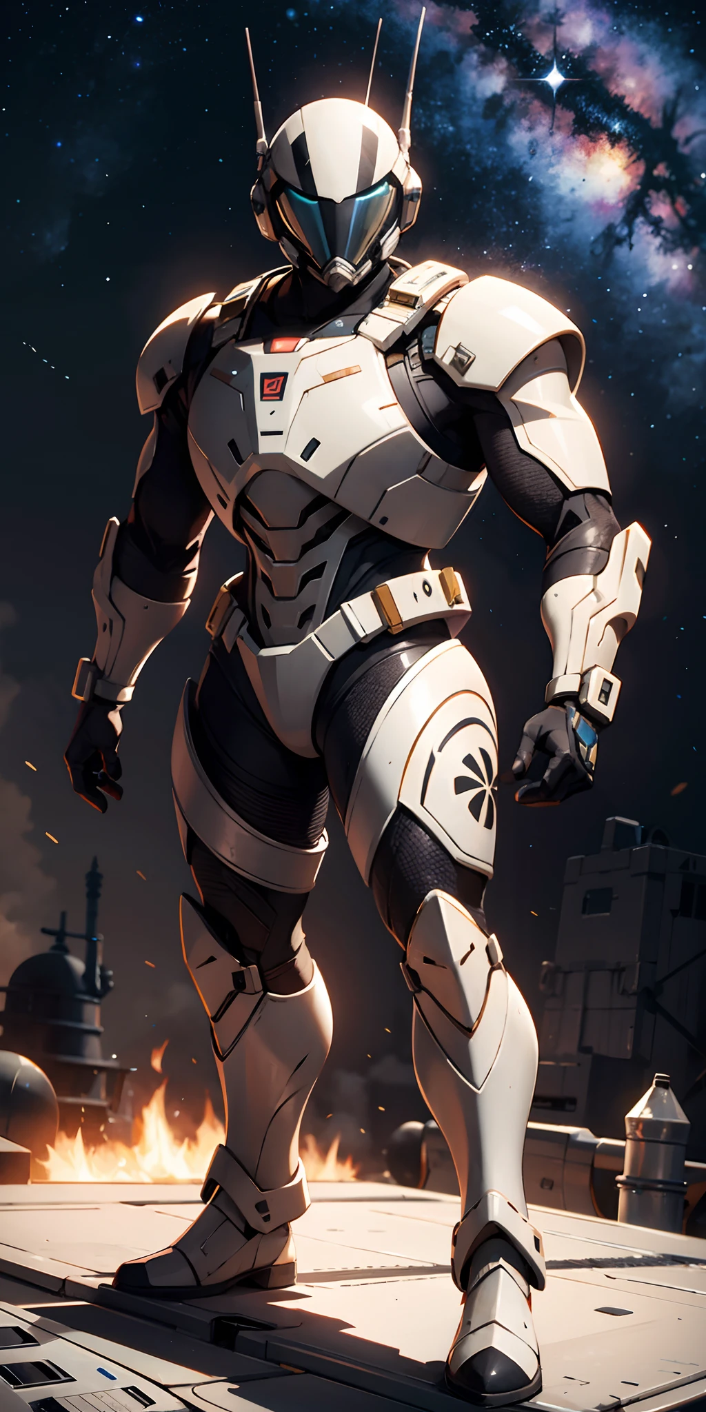 "homem com armadura de Starship Troopers em uma base espacial", armadura enferrujada:0.9, galaxy, foto profissional:1.3)