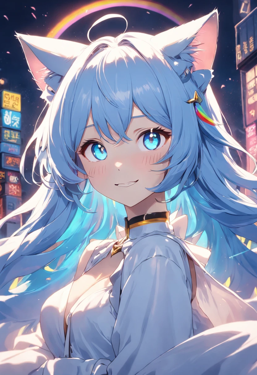 Cat-eared lady hair color:White pupil color:Blue smile is illuminated by sunlight on a surreal background:rainbow Sunlight