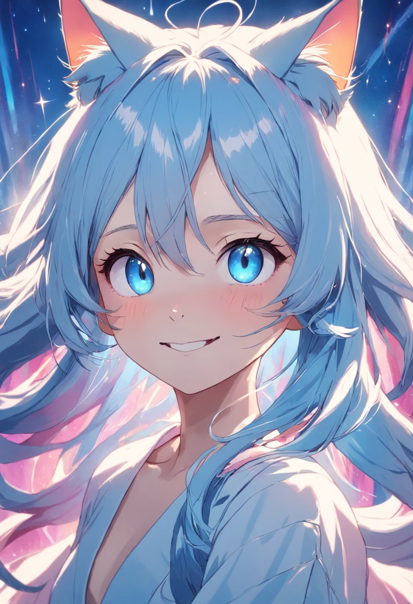 Cat-eared lady hair color:White pupil color:Blue smile is illuminated by sunlight on a surreal background:rainbow Sunlight