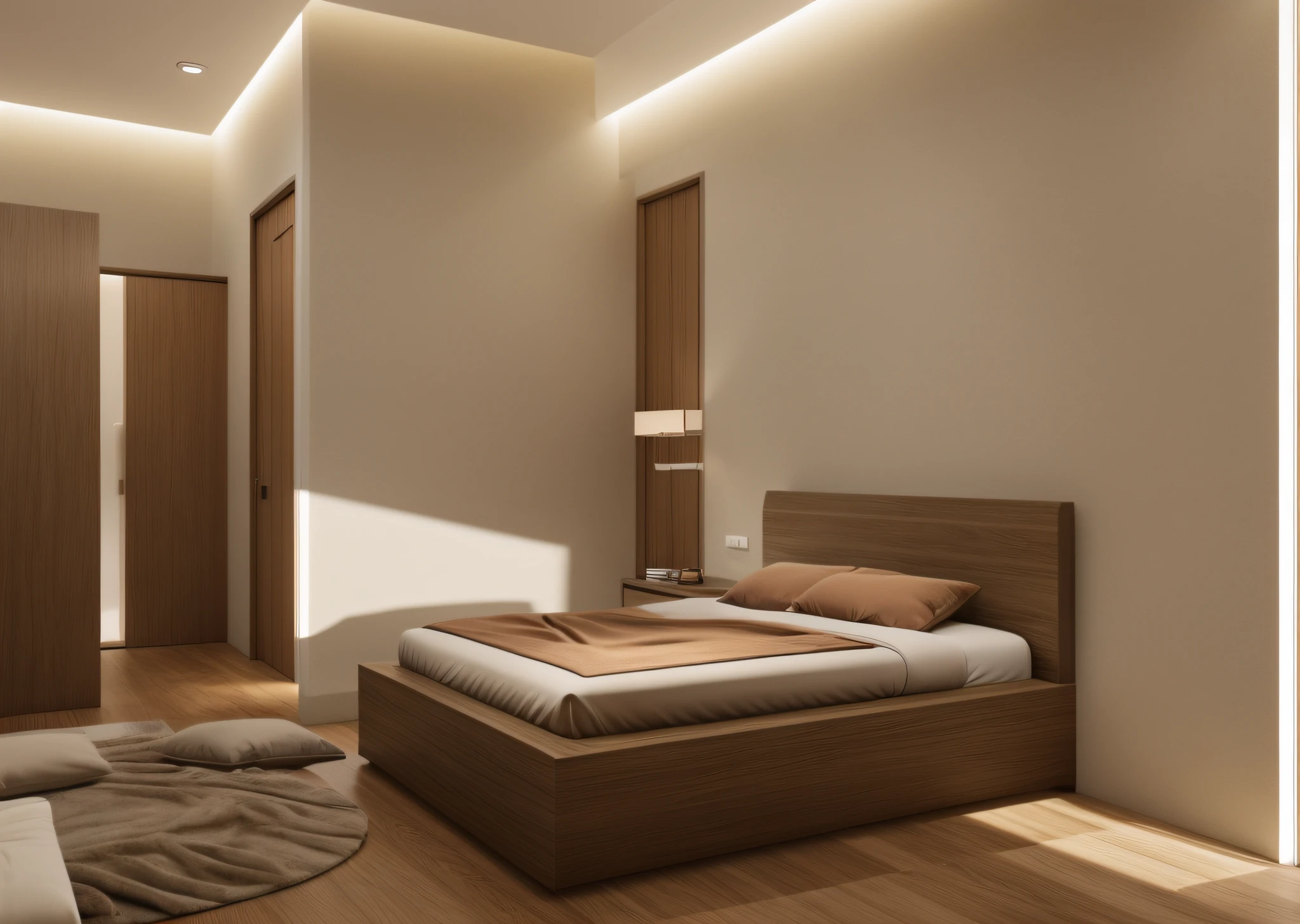 (JAPAN bedroom:1.2), (((extremely realistic:1.2))), (actual photo:1.2), Unreal Engineer 8K, full HD 8K, cinema light, warm light, deep color with minimalism, cream color and white color scheme, clean, simple lines, modern neo-traditional minimalism, brown and white color scheme, modern and minimalist, modern neutral earth colors, elegant and sophisticated, Scandinavian design, deep colors . minimalist color palette, mostly white