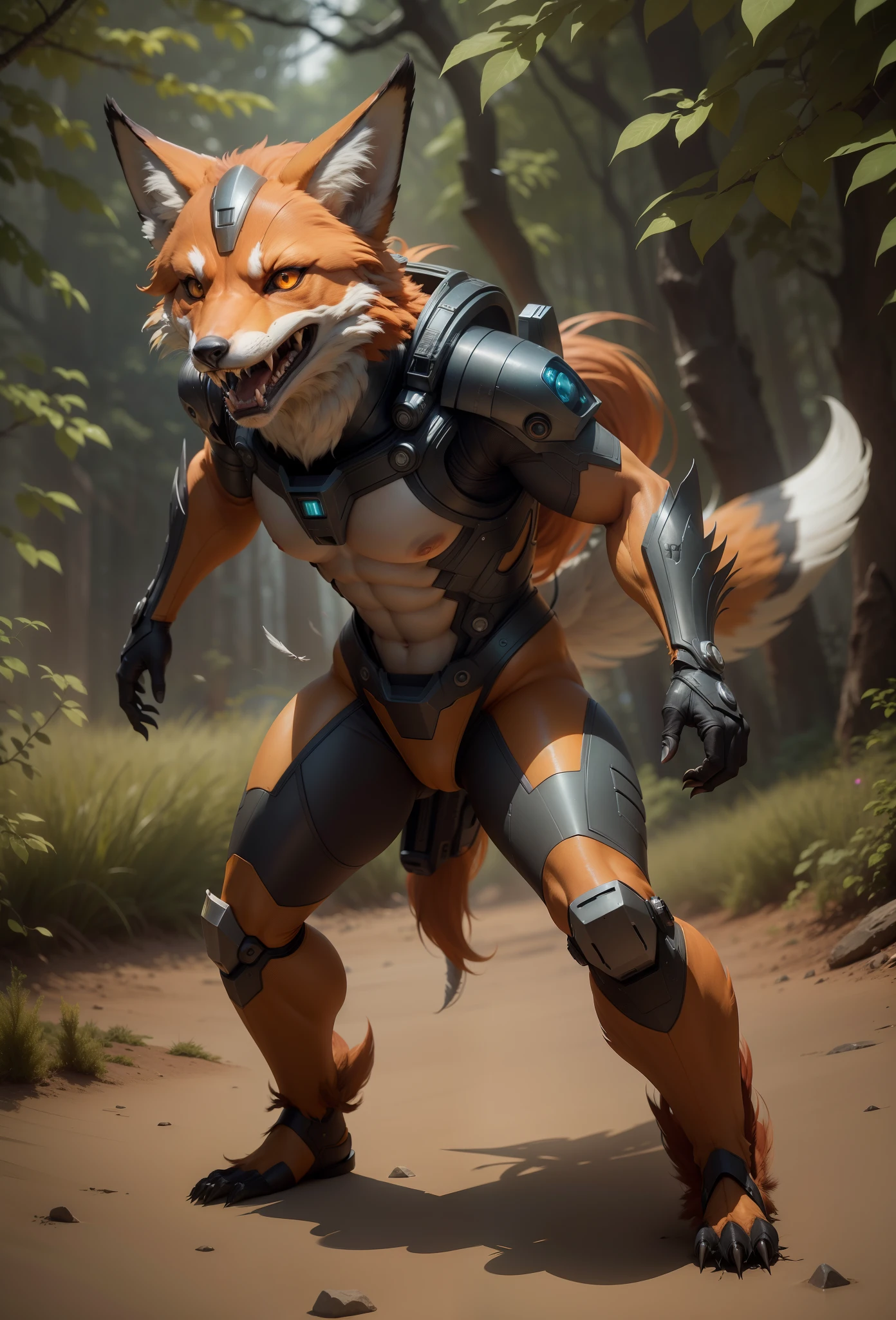 Sci fi humanoid creature with the feathers of a fox and mutant traits similar to rocket teeth roar expressive eye brows real photography, natural light, photorealism, cinematic rendering, ray tracing, the highest quality, the highest detail, Cinematic, Third-Person View, Blur Effect, Long Exposure, 8K, Ultra-HD, Natural Lighting, Moody Lighting, Cinematic Lighting