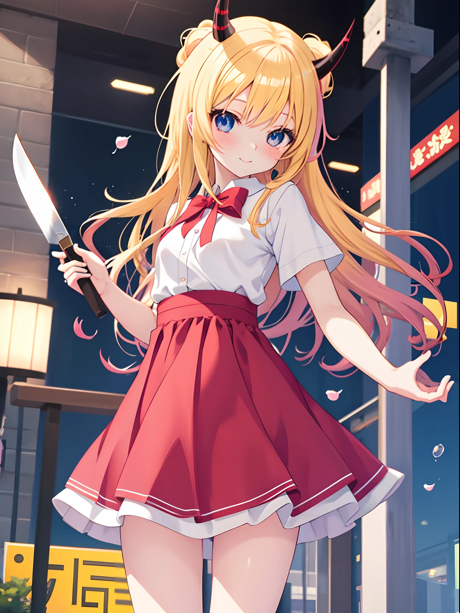 Anime girl with skirt with horn and knife, blonde anime girl with long hair, beautiful anime high school girl, anime style 4 k, Cute anime girl, (Anime Girl), Cute anime waifu in a nice dress, pretty anime girl, Anime visuals of cute girls, splash art anime loli, Anime Best Girl, Beautiful anime girl, Smooth Anime CG Art