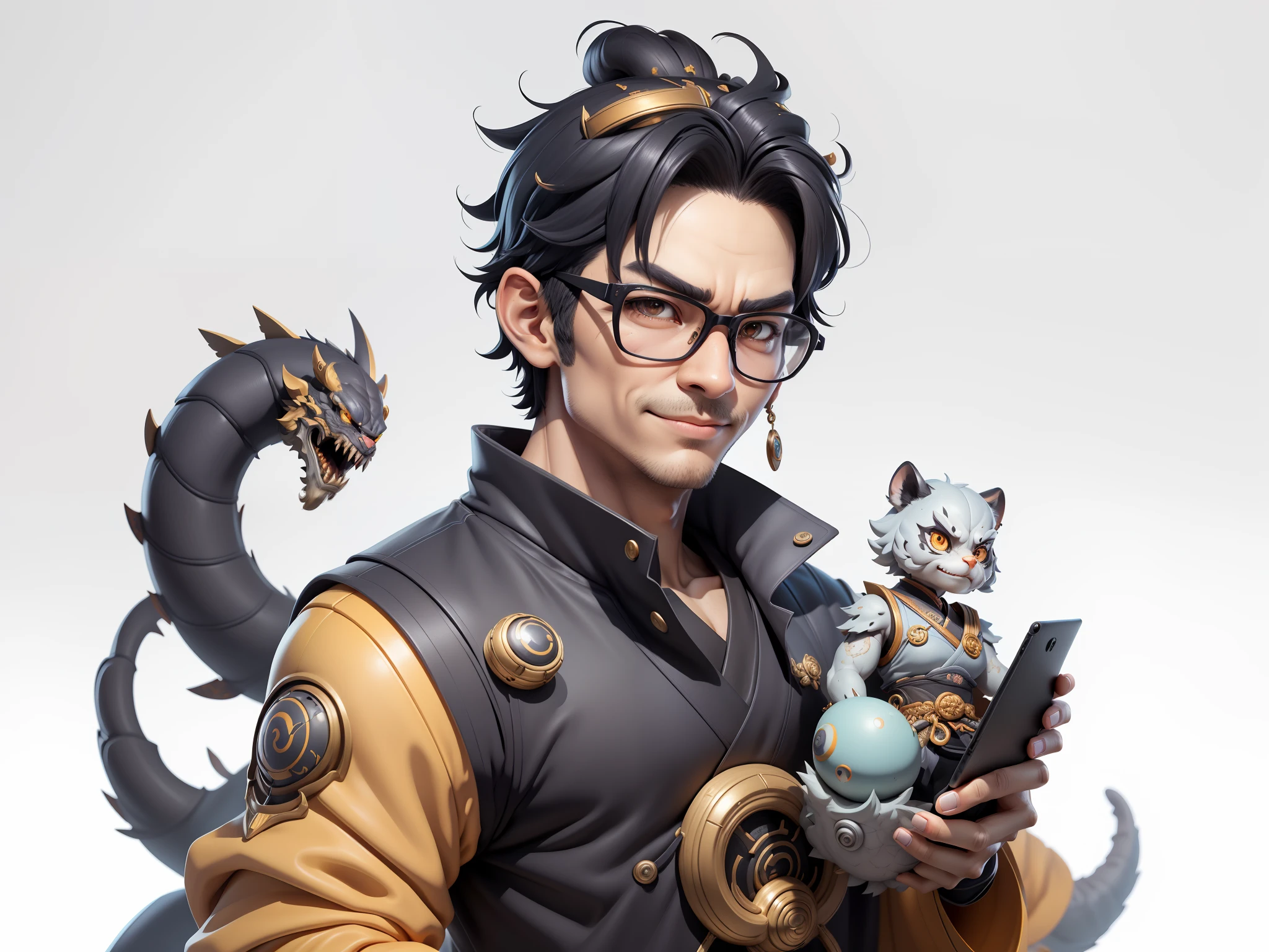 (Masterpiece), (Excellent), (Super Meticulous), (Full Body: 1.2), Super Young Man with Japanese Female Geisha, Pretty, Beautiful, Chinese Dragon, Tiger, Wind God Thor, Sexy, Bursting, Oriental Face, TV Anchor, Bust Portrait Illustration, Black Suit, Blue Tie, Slightly Chubby Face, Silver Glasses, Very Clean Face, No Beard on Chin, Black Super Short Hair, Black Eyes, Confident Smile, 3c Computer Sub-Products, iPad, iPhone, Digital Painting, 3D character design by Mark Clairedon and Pixar and Hayao Miyazaki and Akira Toriyama, the illustrations are HD illustrations in 4K resolution with highly detailed facial features and cartoon-style visuals.