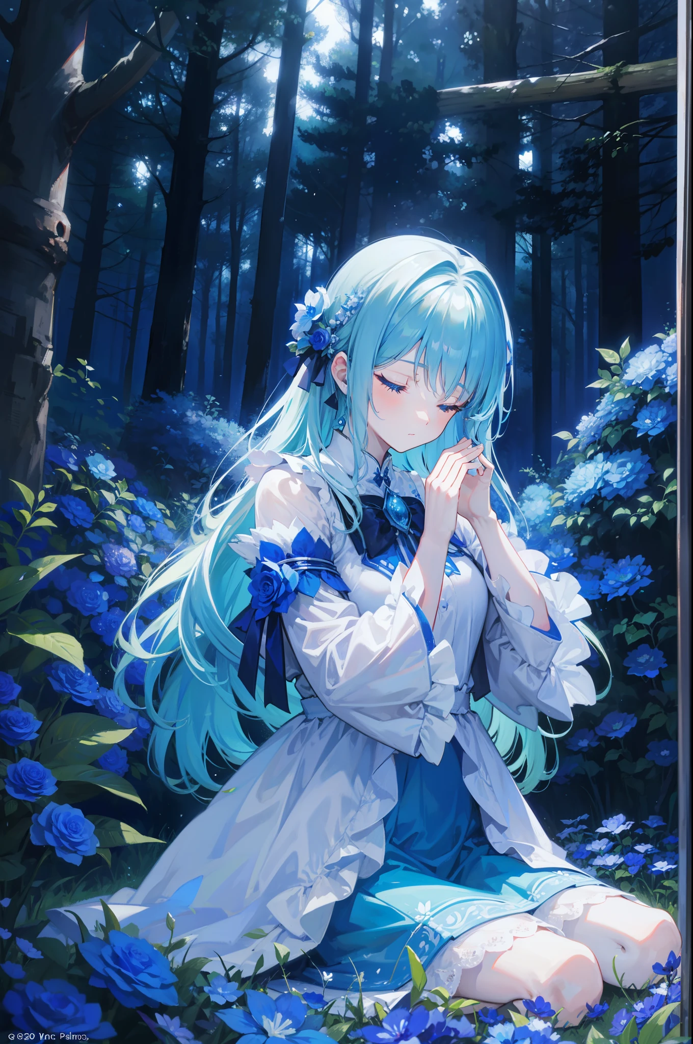 an enchanted forest,A maiden praying with her eyes closed,Gloomy environment,Blue light,Blue flower,nigth