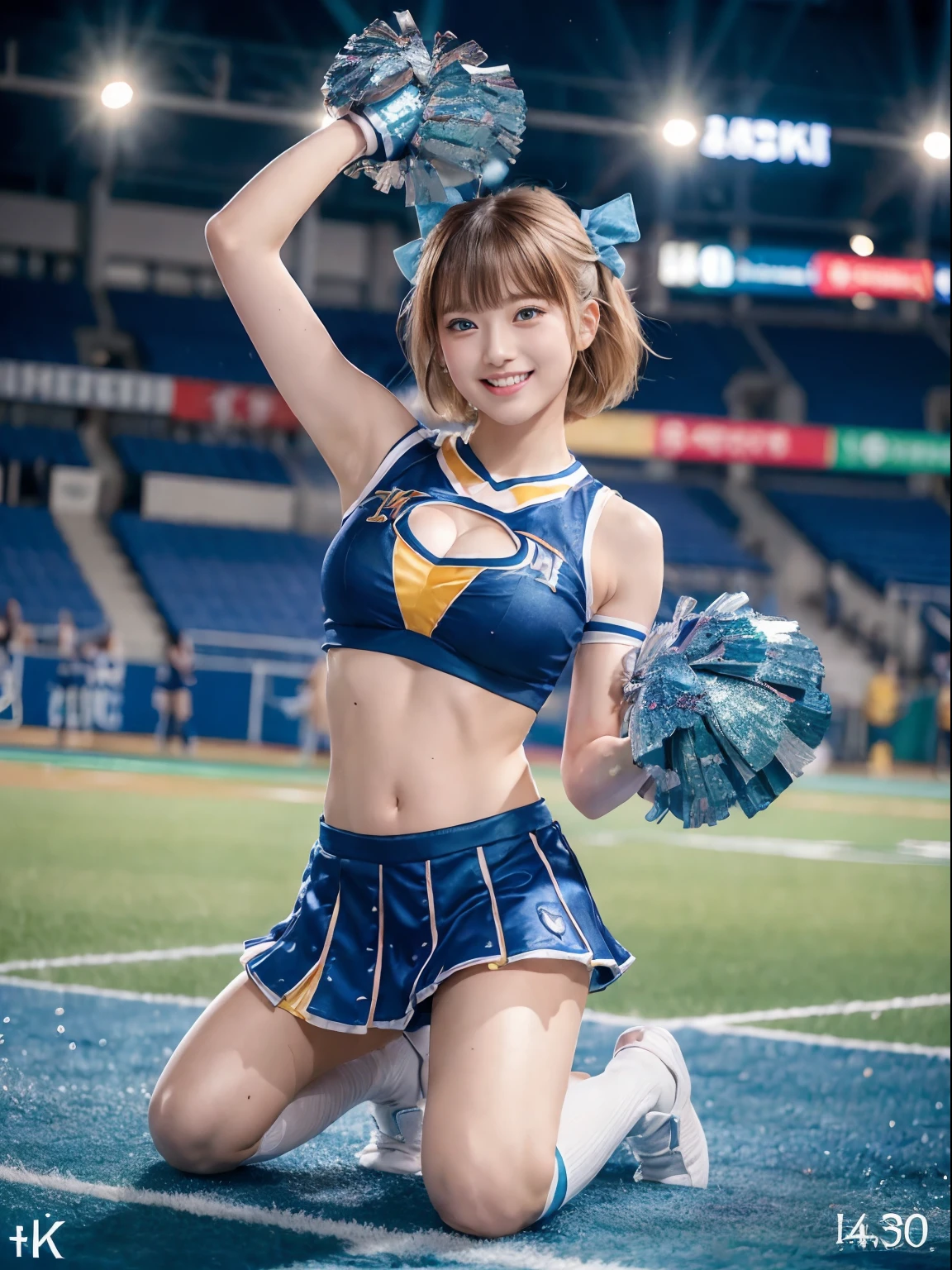 (((top-quality、8K、photographrealistic:1.4、​masterpiece)))、Back lighting、Highly detailed facial texture woman、18year old、(((Blue Cheerleader:1.2)))、((Stadium Background:1.2))、with arms up、a smile、Shiny blonde hair and short hairstyle、a blond。short-hair。Parted sleeves, bare shoulders​, Center opening, cleavage of the breast, Central chest,crouching cowgirl、bow ribbon。Twin-tailed。Kneeling