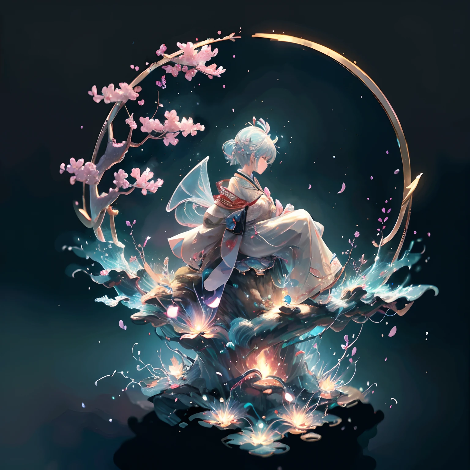 ​masterpiece、best qualtiy、Stunning reflections、Best reflection ever。 (Highly detailed CG Unity 8K wallpapers)、(top-quality)、(The best illustrations)、(Best Shadows)、Forest theme with natural elements。nighttime scene、Tall trees々、Old buildings in Japan、Quiet creek、Small glowing mushrooms surrounded by delicate leaves and branches、Fireflies and glowing particle effect、（1人の女性、20yr old、Adults、Wearing a white kimono、blue hairs、short-hair）、（Natural elements）、（Jungle theme）、（fronds）、（Twigs）、（fireflys）、butterflys、（Delicate）fronds)、(Glow)、(Particle effect)。 、Isometric 3D、Octane Rendering、lay tracing、ultra-detailliert