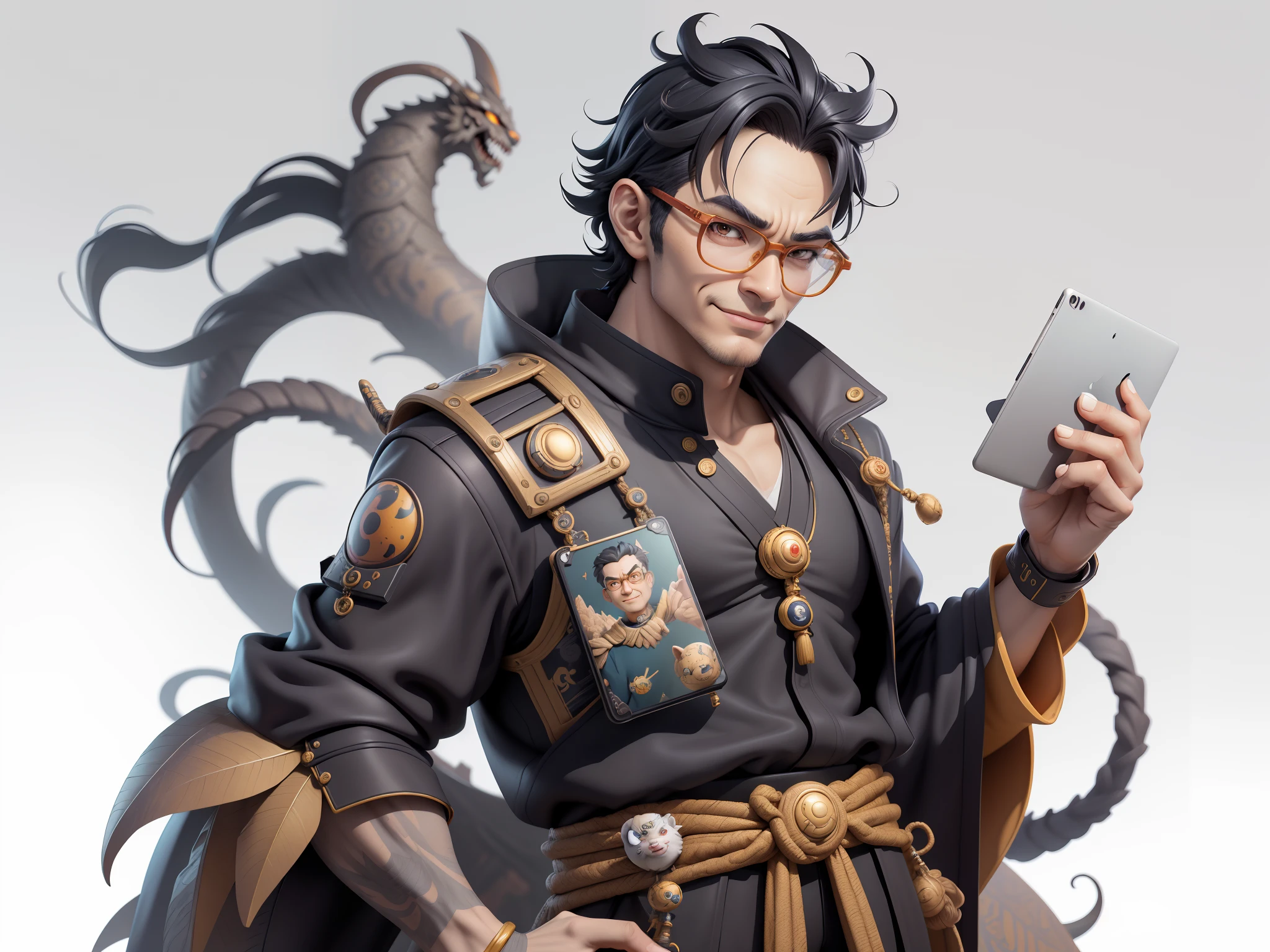 (Masterpiece), (Excellent), (Super Meticulous), (Full Body: 1.2), Super Young Man with Japanese Female Geisha, Pretty, Beautiful, Chinese Dragon, Tiger, Wind God Thor, Sexy, Bursting, Oriental Face, TV Anchor, Bust Portrait Illustration, Black Suit, Blue Tie, Slightly Chubby Face, Silver Glasses, Very Clean Face, No Beard on Chin, Black Super Short Hair, Black Eyes, Confident Smile, 3c Computer Sub-Products, iPad, iPhone, Digital Painting, 3D character design by Mark Clairedon and Pixar and Hayao Miyazaki and Akira Toriyama, the illustrations are HD illustrations in 4K resolution with highly detailed facial features and cartoon-style visuals.