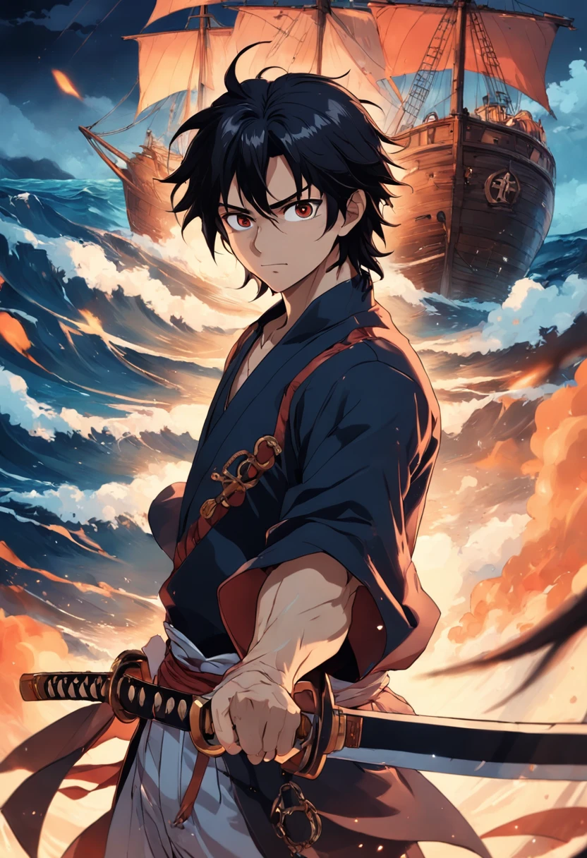 um homem velho, black middle hair, olhos vermelhos que mostre suas cicatrizes, casaco branco, nunchakus in your hands, o fundo de um navio pirata, Style of the Marfia