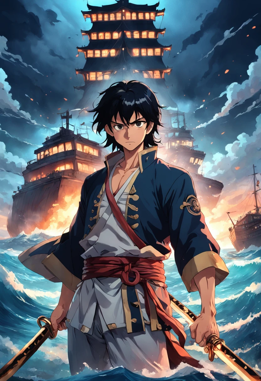 um homem velho, black middle hair, olhos vermelhos que mostre suas cicatrizes, casaco branco, nunchakus in your hands, o fundo de um navio pirata, Style of the Marfia