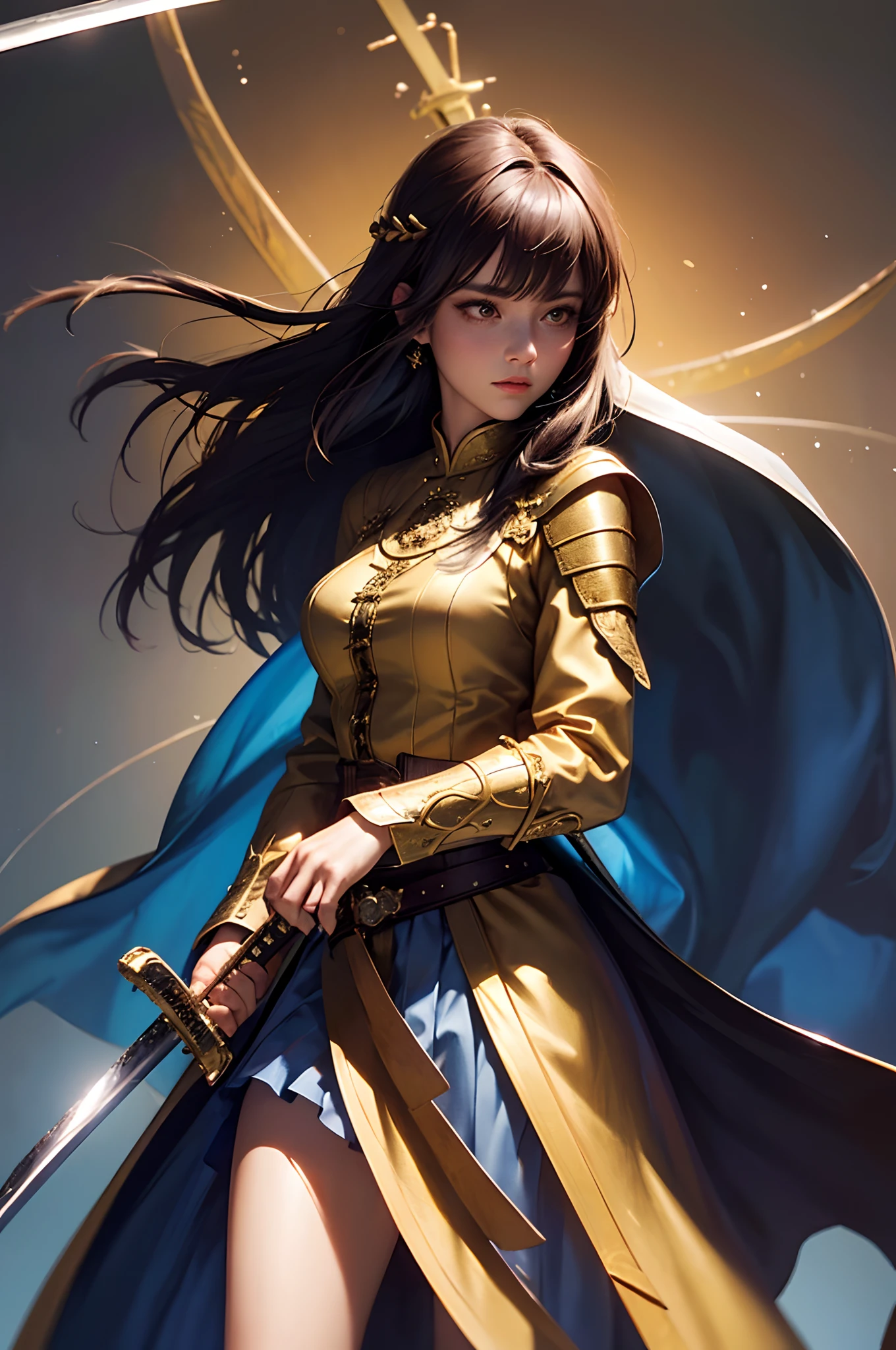 (Front focus),(in the darkness nigth:1.68),A woman wears a gorgeous golden robe,(Holding a gorgeous sword in his hand:1.68),Fantasyart,photographrealistic,动态照明,artstation,poster for,Volumetriclighting,Very detailed faces,32k,Award-Awarded, 1girl, in the dark, deep shadow, low key, cowboy shot, (official clothes:1.4), long whitr hair, brunette color hair
