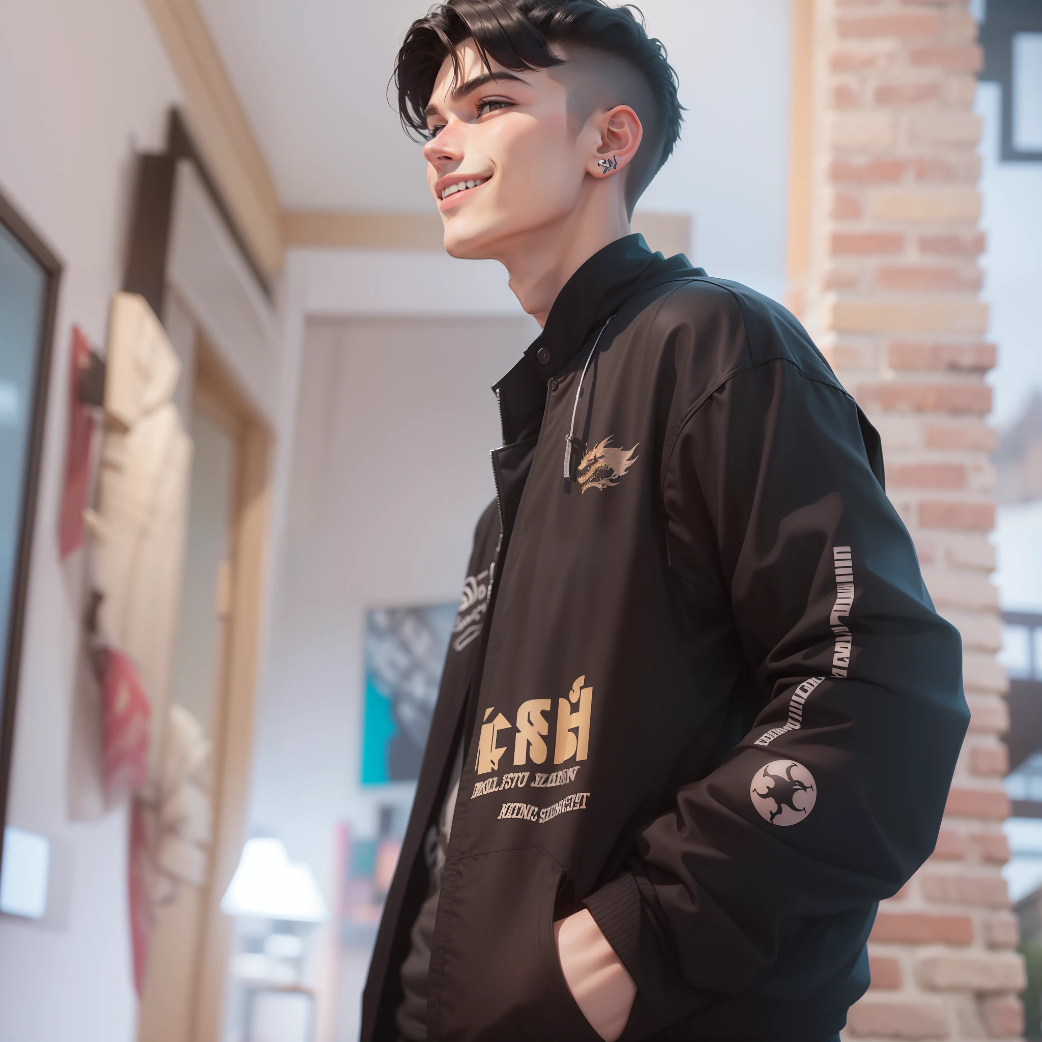 An 18 year old young man, wearing a black jacket, with a coma hairstyle, and with smiling lips, and has a handsome face and a dragon tattoo on his face.