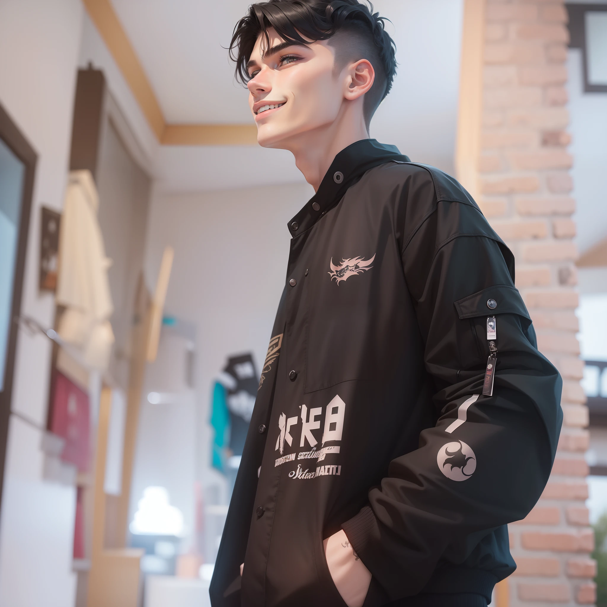 An 18 year old young man, wearing a black jacket, with a coma hairstyle, and with smiling lips, and has a handsome face and a dragon tattoo on his face.