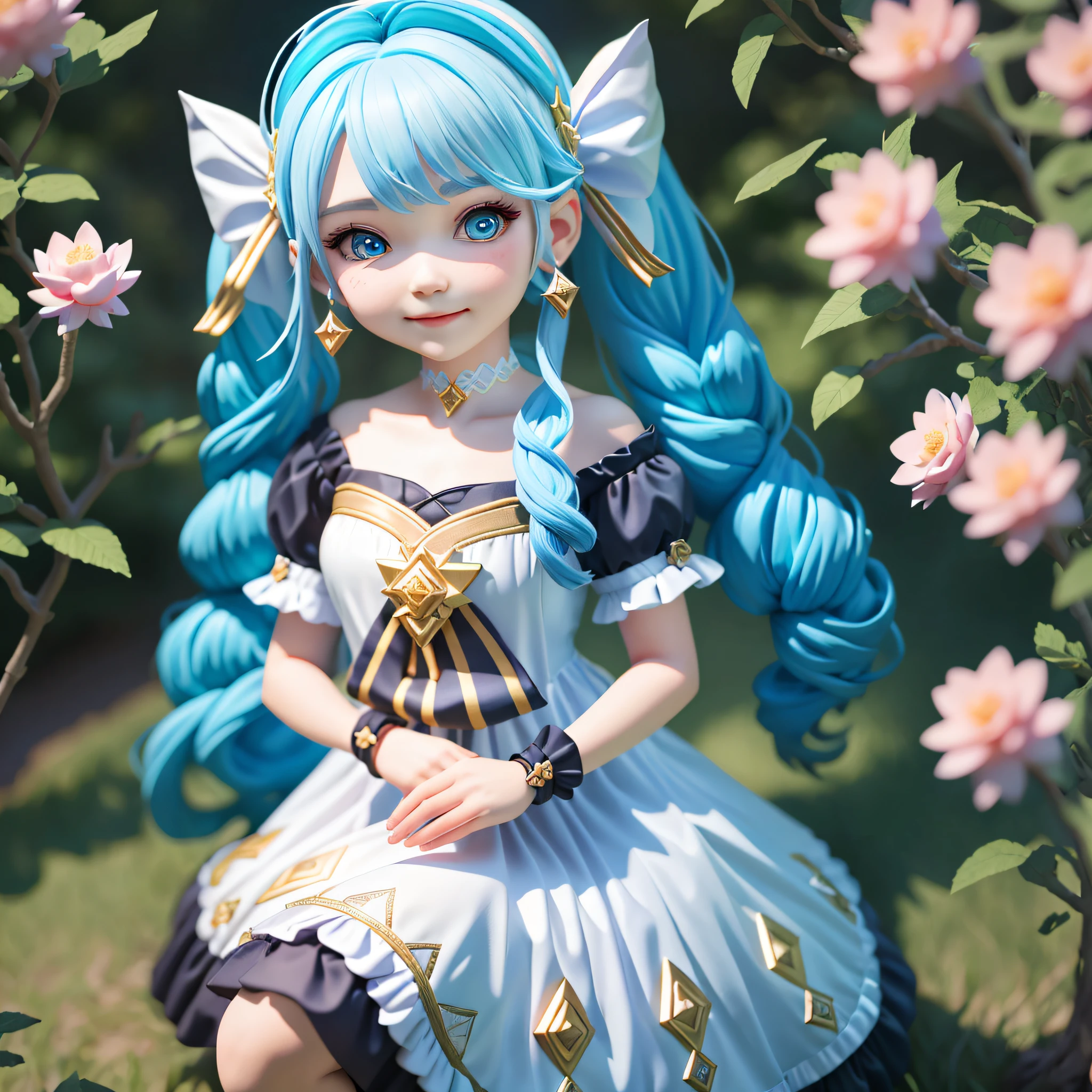 1girll, Black bow, Black gloves, black sock, Blue eyes, Blue hair, clarkbone,Spiral braids， dress, Drill hair, frill dress, frilld, mitts, Gwen\(league of legend), hair adornments，A high resolution，League legendary，long whitr hair，Split lips，Puff sleeves，Pink pupils，Smiled，独奏，White dress，X，10th Hair Accessories，Sitting down，Sit，inside in room，seminude，Delicate hair，Arm carving，Blue hair，blossoms，Delicate shoes，Depiction of facial features，Delicate facial features，Eye portrayal，Delicate hair，Popmart blind box，Clay texture，the golden ratio，Black and white background，natural  lightting，Best quality at best，hyper-detailing，3D art，C4D, OC renderer, a 3D render, 8K，Various actions，Blushlush，Q version，（Big head doll:2），gnome，Round toot