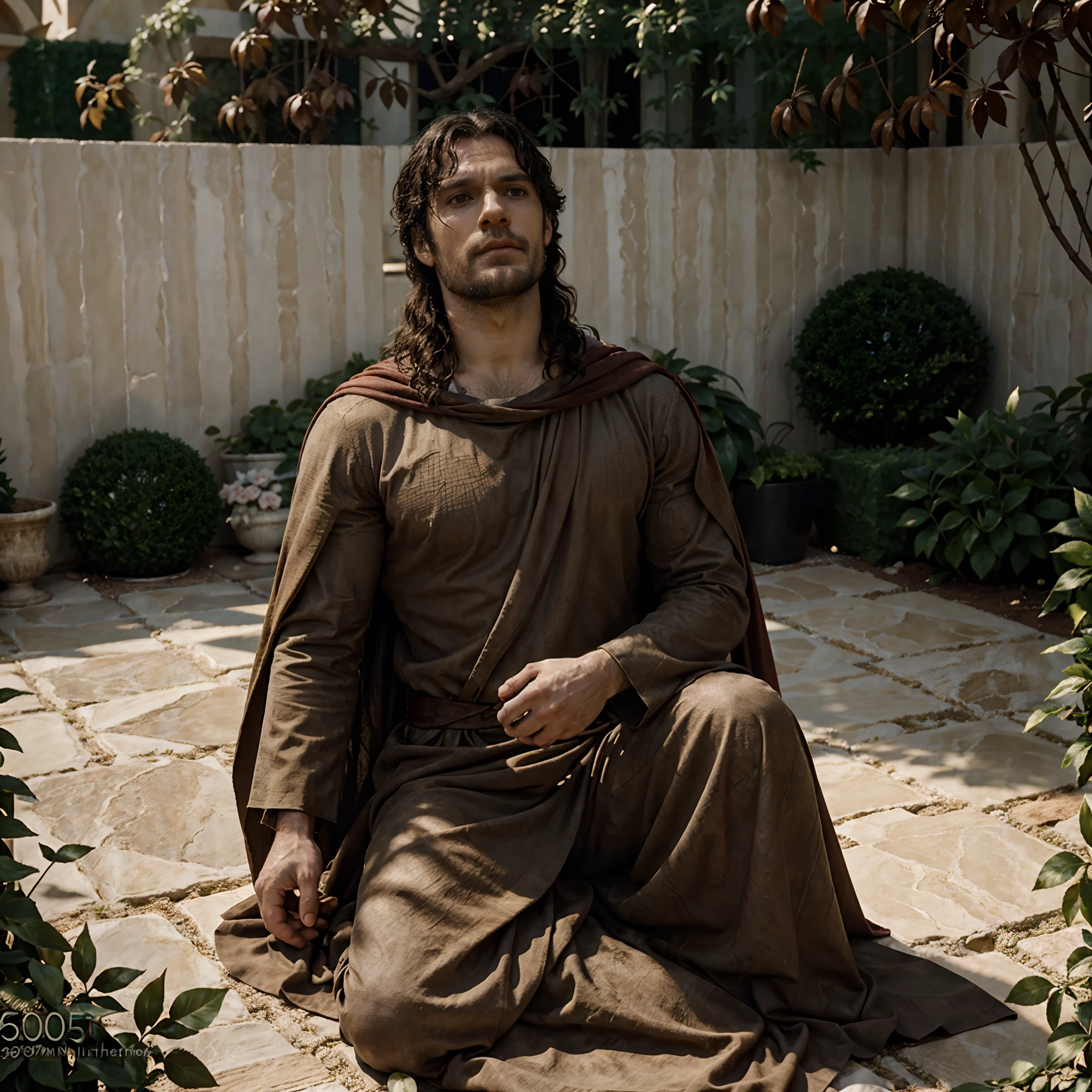 Photograph of a HENRYCAVILL PERSON as Jesus Christ in the movie Passion of the Christ during his time agonizing in a garden, warm atmosphere, Captured by Panavision Panaflex Platinum Camera with Panavision Primo Primes Spherical Lens 50mm T1.9